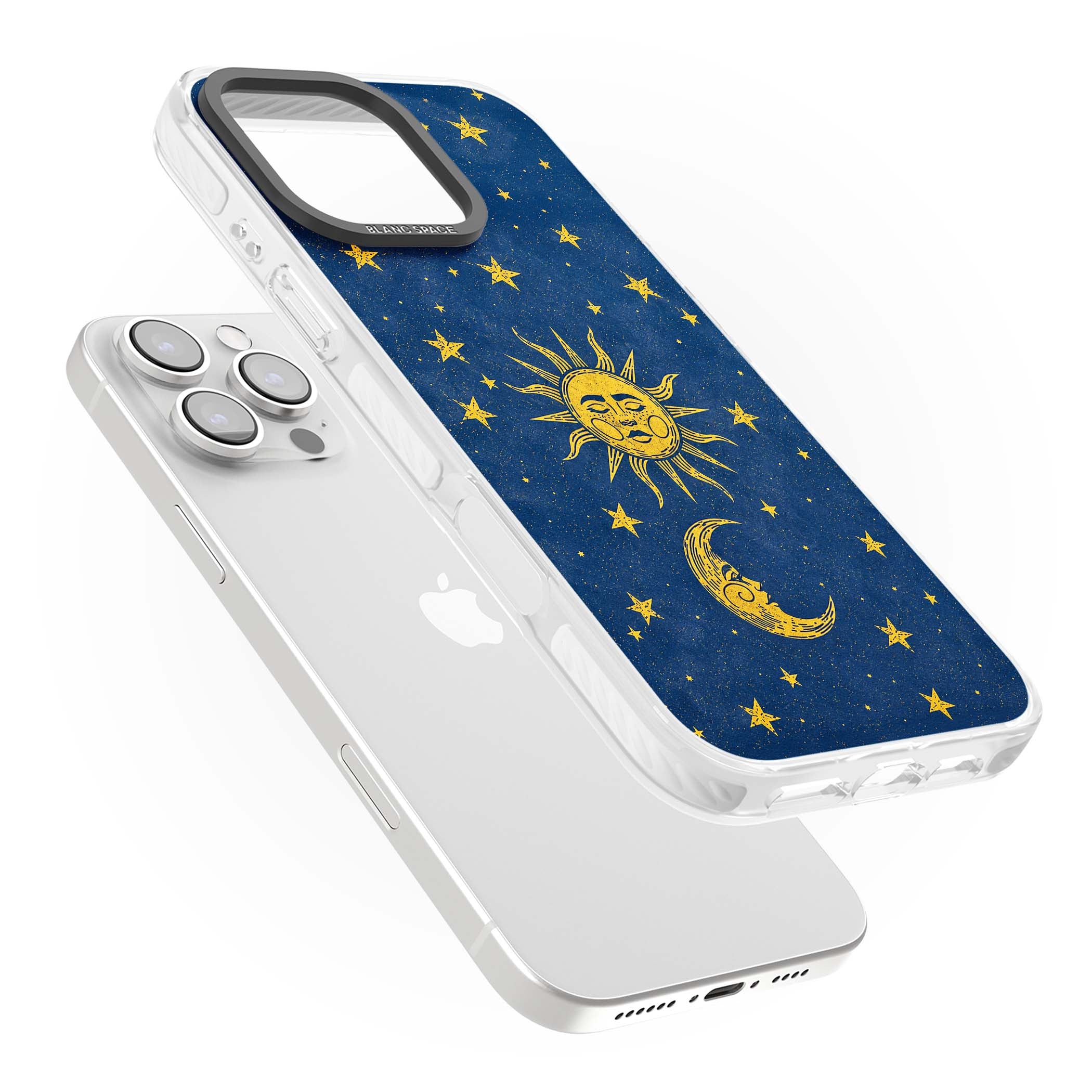 Sun & Moon Reverie celestial iPhone case featuring a vintage golden sun, crescent moon and scattered stars on midnight blue | Clear Impact case for iPhone 16 Pro, iPhone 16 Pro Max