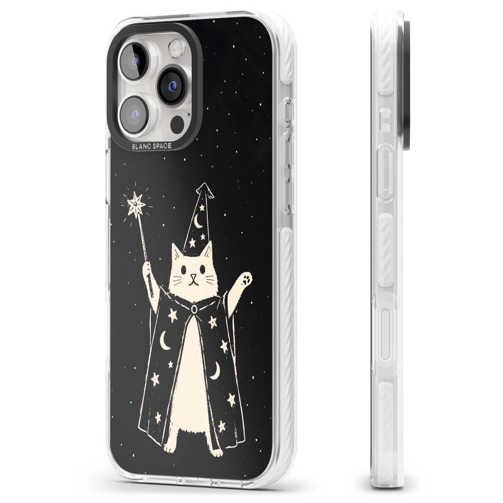 Whisker Wizard celestial cat iPhone case featuring a wizard cat with magic wand, starry night sky and crescent moons | Clear Impact case for iPhone 16 Pro, iPhone 16 Pro Max