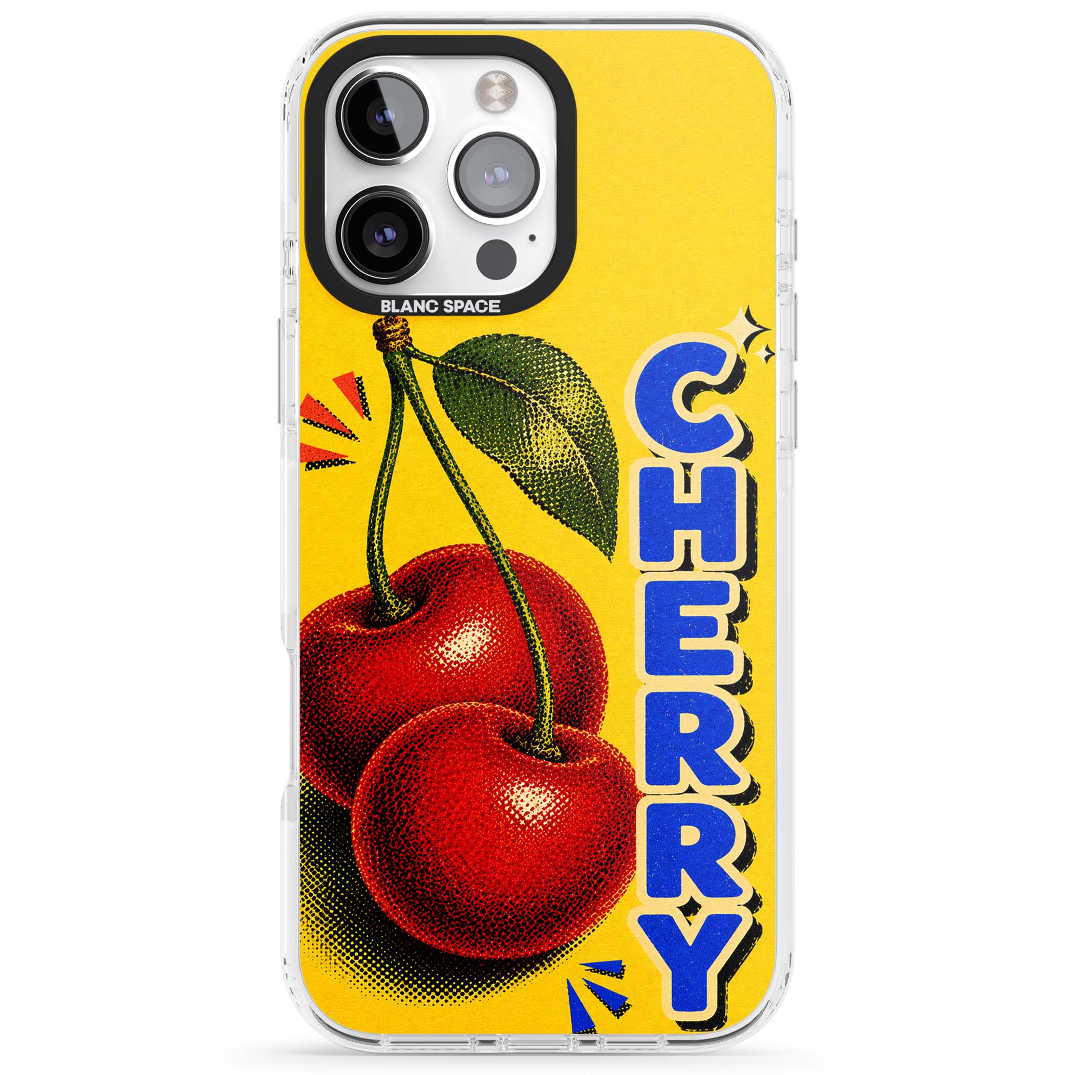 Cherry Yellow y2k iPhone case featuring two red cherries, halftone shading and bold blue CHERRY lettering on yellow | Clear Impact case for iPhone 16 Pro, iPhone 16 Pro Max