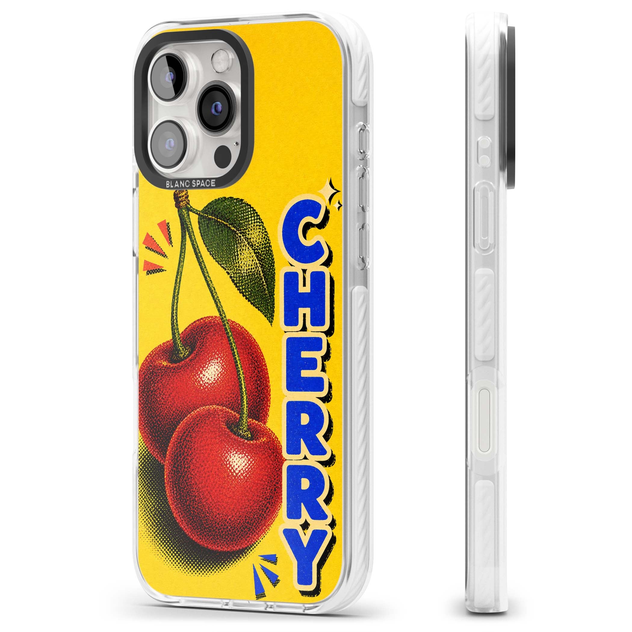 Cherry Yellow y2k iPhone case featuring two red cherries, halftone shading and bold blue CHERRY lettering on yellow | Clear Impact case for iPhone 16 Pro, iPhone 16 Pro Max