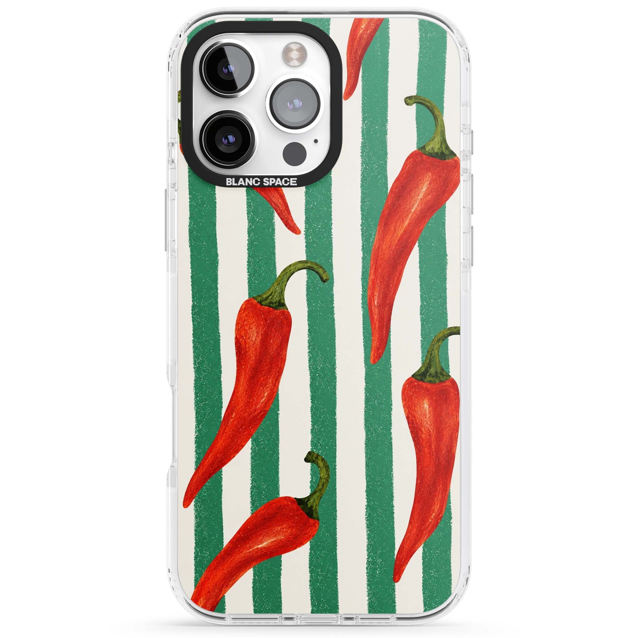 Striped Chillis coastal iPhone case featuring hand-painted red chili peppers on green and cream stripes | Clear Impact case for iPhone 16 Pro, iPhone 16 Pro Max