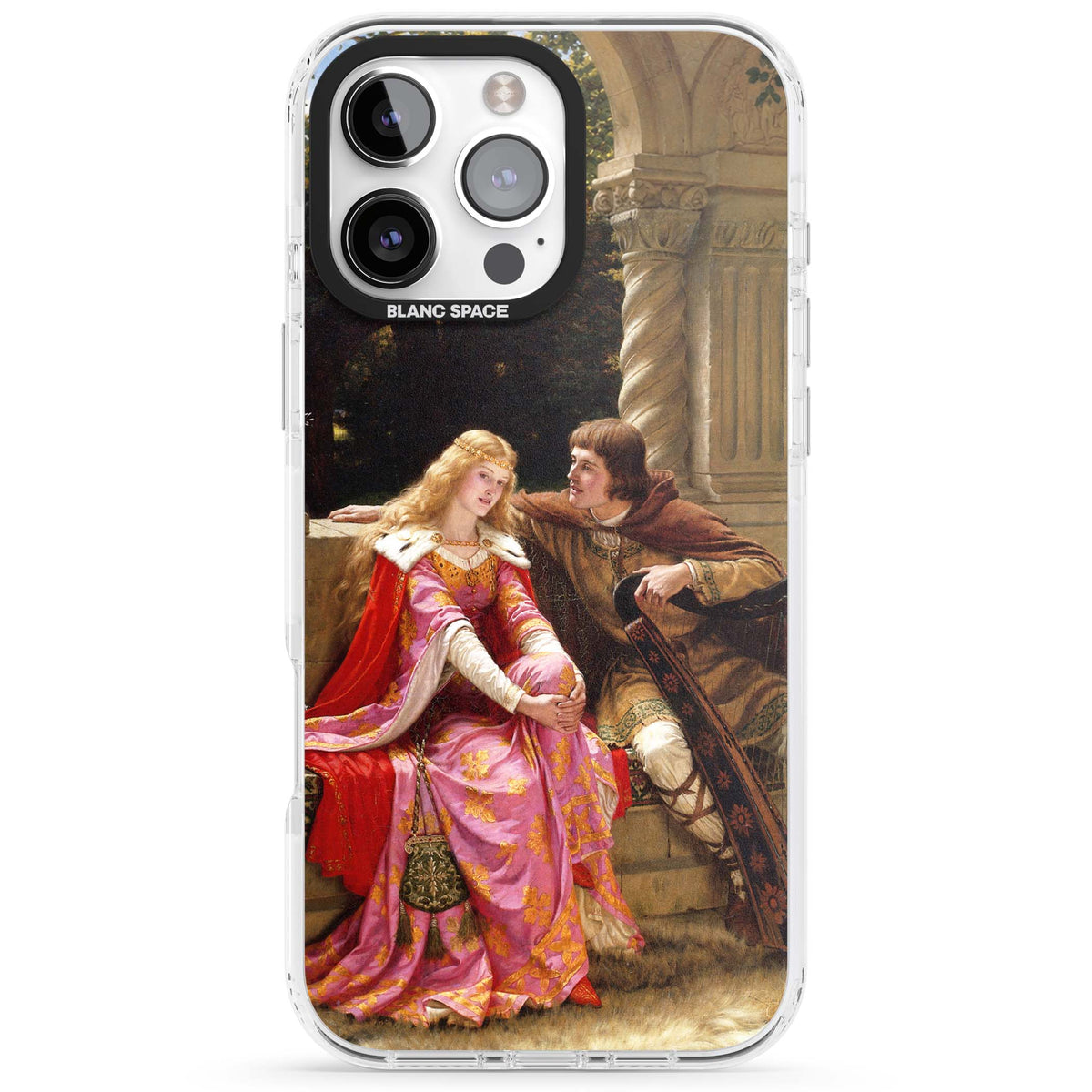 The End of the Song classic art iPhone case featuring a medieval lady in pink gown and her knight in a stone archway | Clear Impact case for iPhone 16 Pro, iPhone 16 Pro Max
