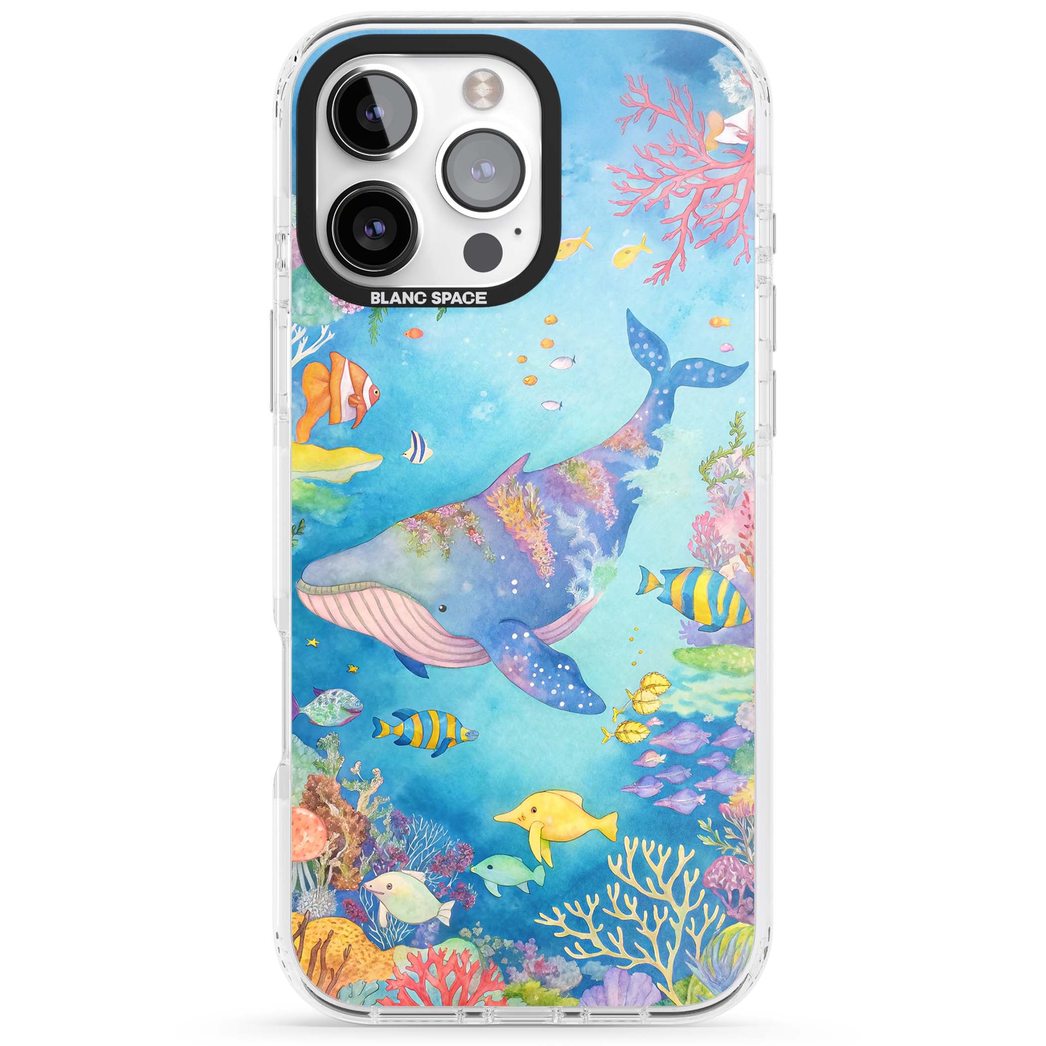 Coral Lagoon ocean iPhone case featuring a watercolour whale, coral reef and tropical fish | Clear Impact case for iPhone 16 Pro, iPhone 16 Pro Max