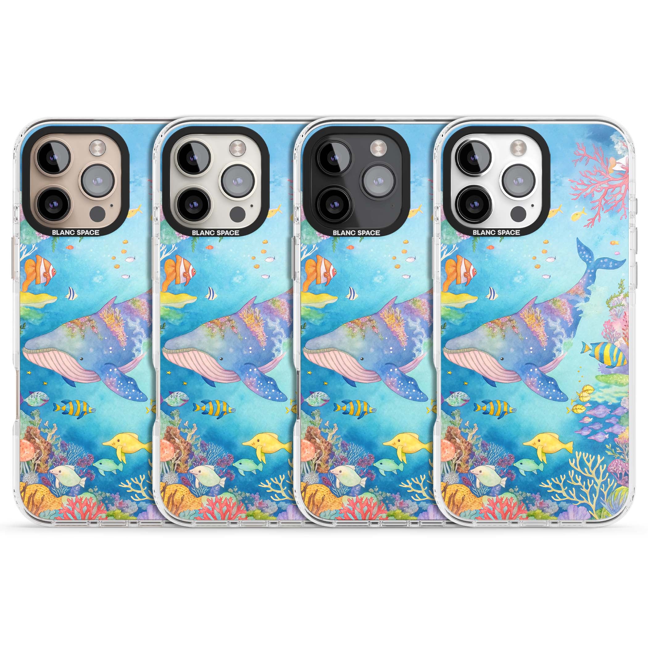 Coral Lagoon ocean iPhone case featuring a watercolour whale, coral reef and tropical fish | Clear Impact case for iPhone 16 Pro, iPhone 16 Pro Max