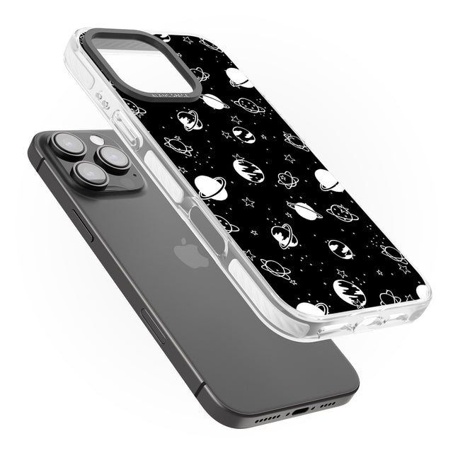 iPhone 16 Pro Max White Planets on Black Black Impact Phone Case