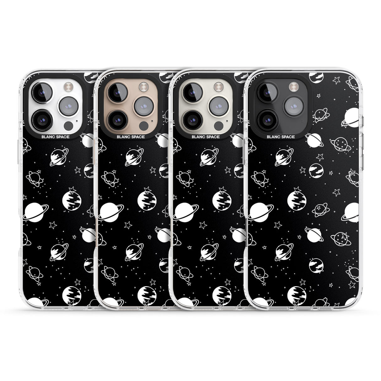 iPhone 16 Pro Max White Planets on Black Black Impact Phone Case