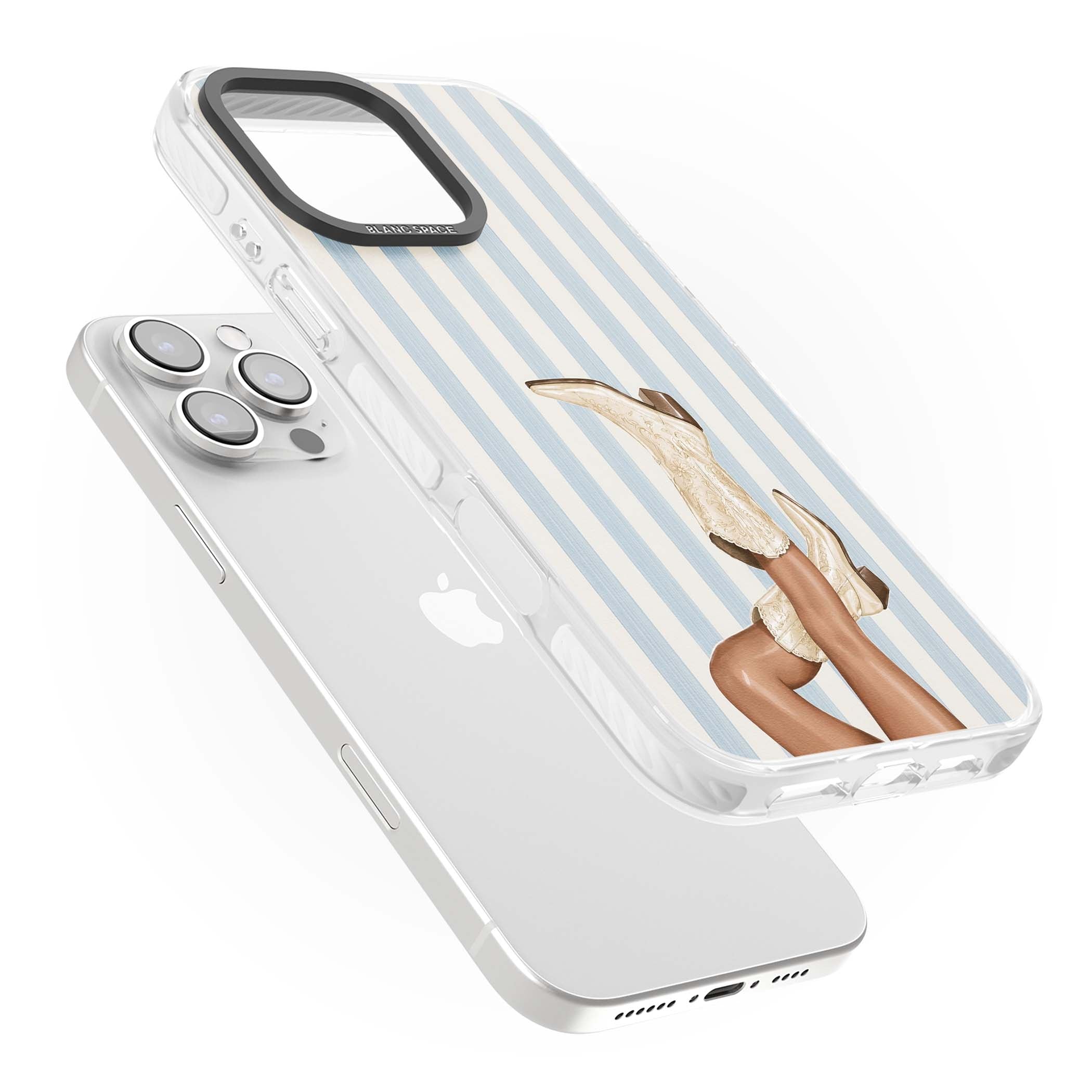 Cowgirl Boots coastal cowgirl iPhone case featuring embroidered western boots, tanned legs and a blue stripe backdrop | Clear Impact case for iPhone 16 Pro, iPhone 16 Pro Max