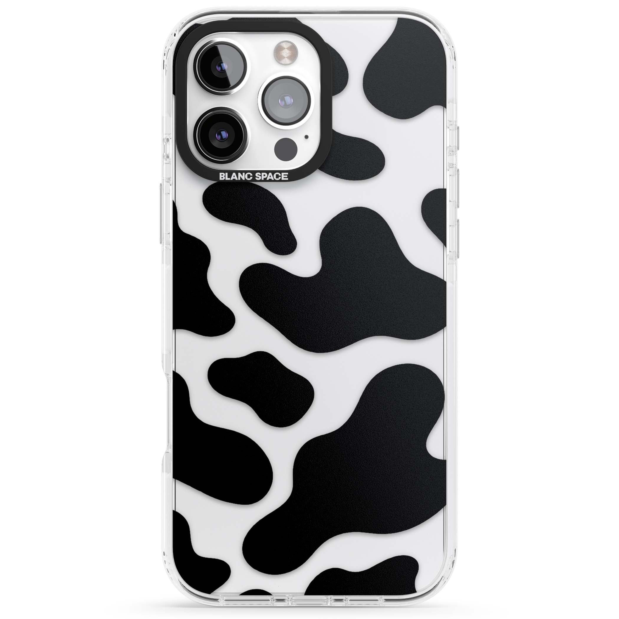 Clear Cow Print cow print iPhone case featuring black and white cow pattern splotches on a clear background | Clear Impact case for iPhone 16 Pro, iPhone 16 Pro Max