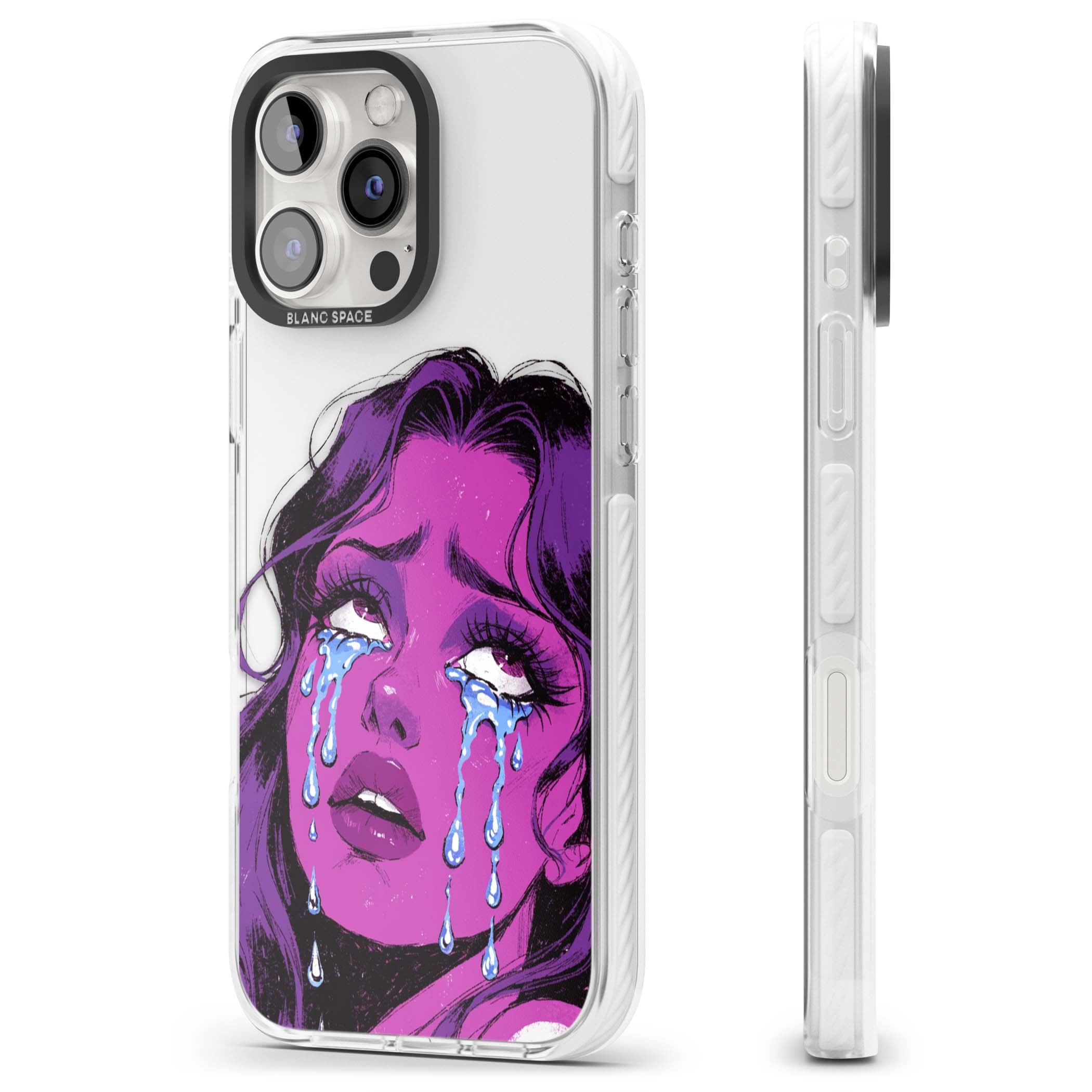 Drama Queen pop art iPhone case featuring a purple crying comic girl with blue tears | Clear Impact case for iPhone 16 Pro, iPhone 16 Pro Max