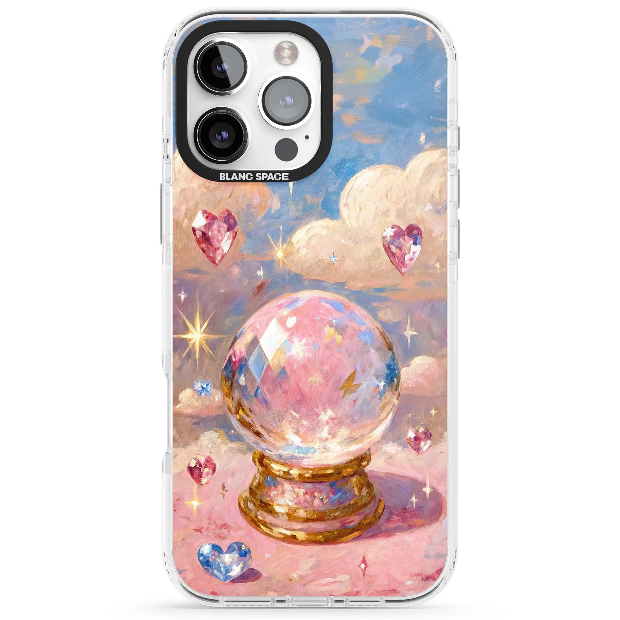 Crystal Ball fairycore iPhone case featuring a painted crystal ball, heart gemstones, and pastel clouds | Clear Impact case for iPhone 16 Pro, iPhone 16 Pro Max