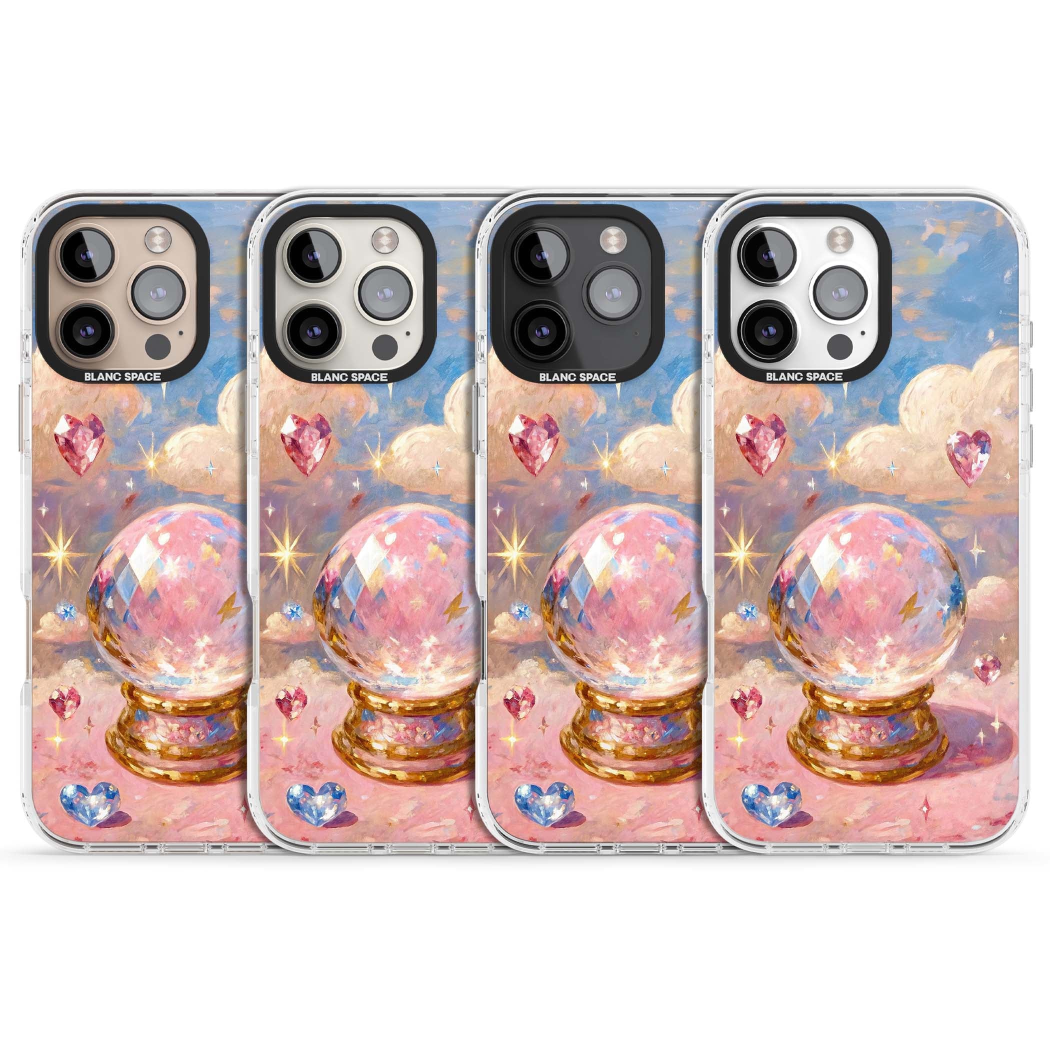 Crystal Ball fairycore iPhone case featuring a painted crystal ball, heart gemstones, and pastel clouds | Clear Impact case for iPhone 16 Pro, iPhone 16 Pro Max