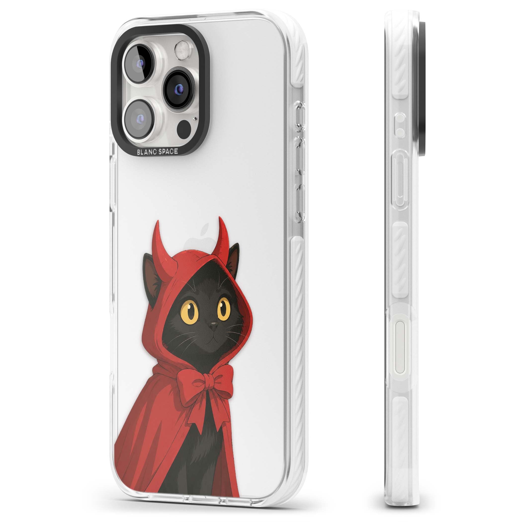 Little Devil halloween iPhone case featuring a black cat in a red hooded devil cloak with horns and golden eyes | Clear Impact case for iPhone 16 Pro, iPhone 16 Pro Max