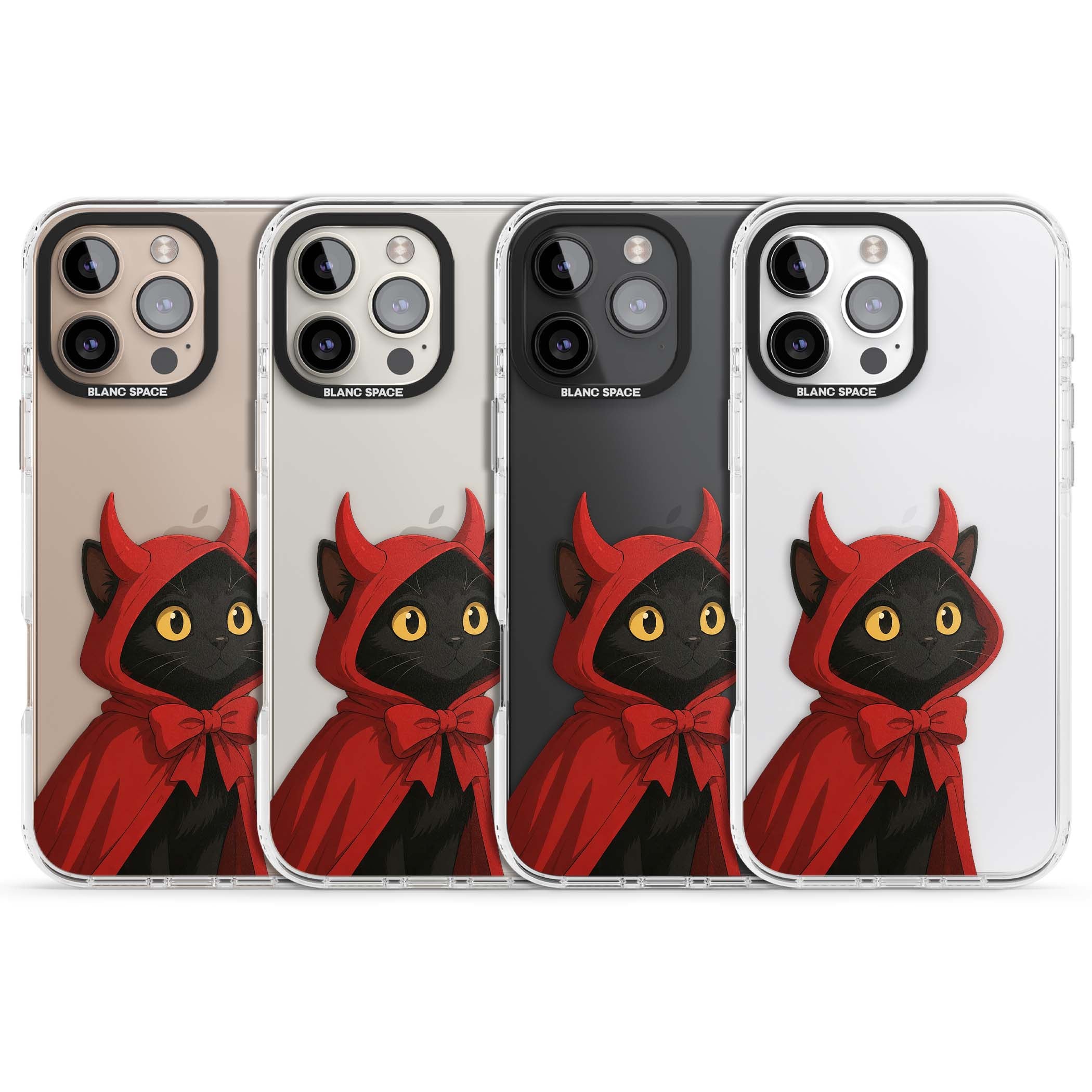 Little Devil halloween iPhone case featuring a black cat in a red hooded devil cloak with horns and golden eyes | Clear Impact case for iPhone 16 Pro, iPhone 16 Pro Max