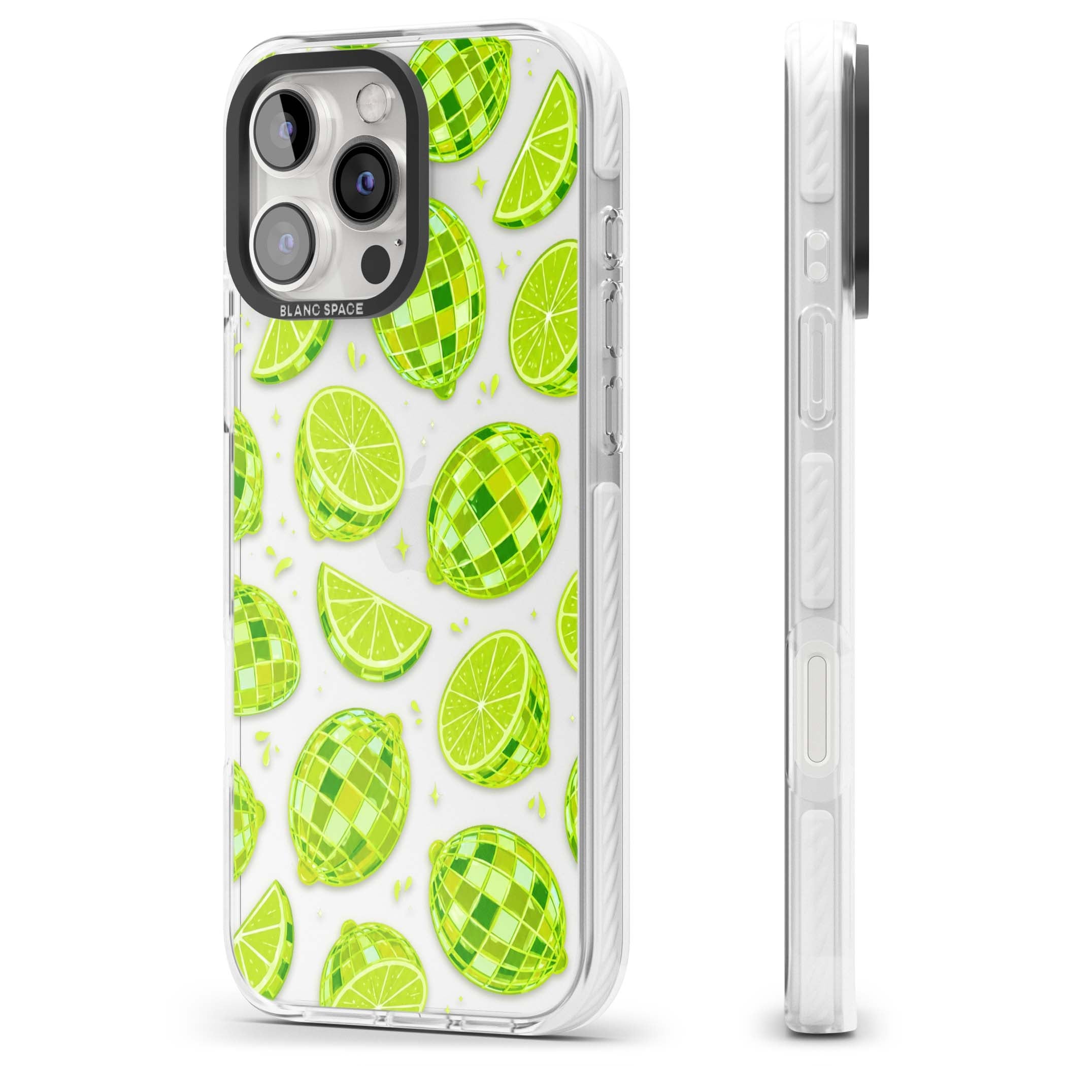 Disco Limes fruit aesthetic iPhone case featuring green disco balls, lime slices and citrus sparkles | Clear Impact case for iPhone 16 Pro, iPhone 16 Pro Max