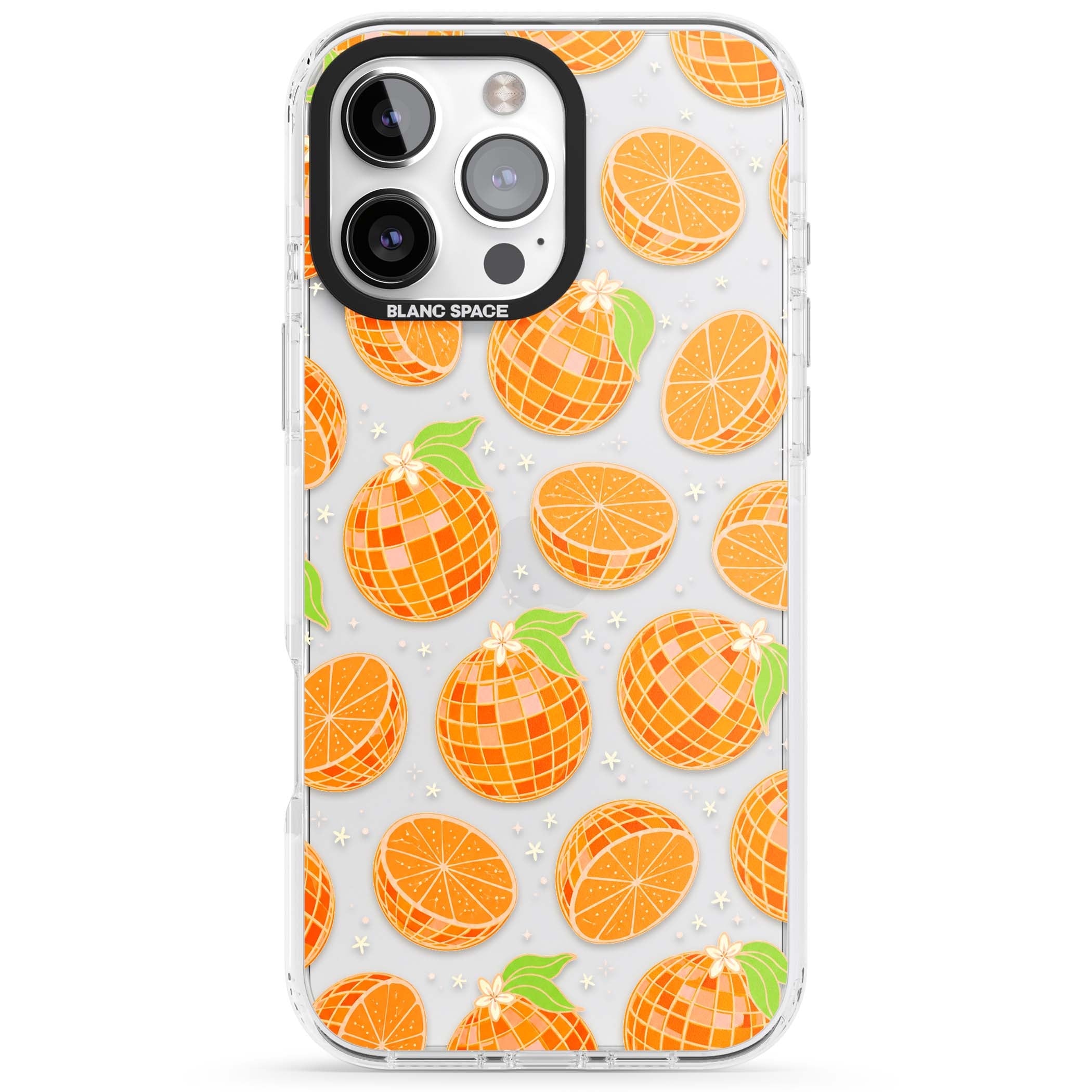 Disco Oranges retro iPhone case featuring mirrorball oranges, citrus slices and tiny blossoms on clear | Clear Impact case for iPhone 16 Pro, iPhone 16 Pro Max