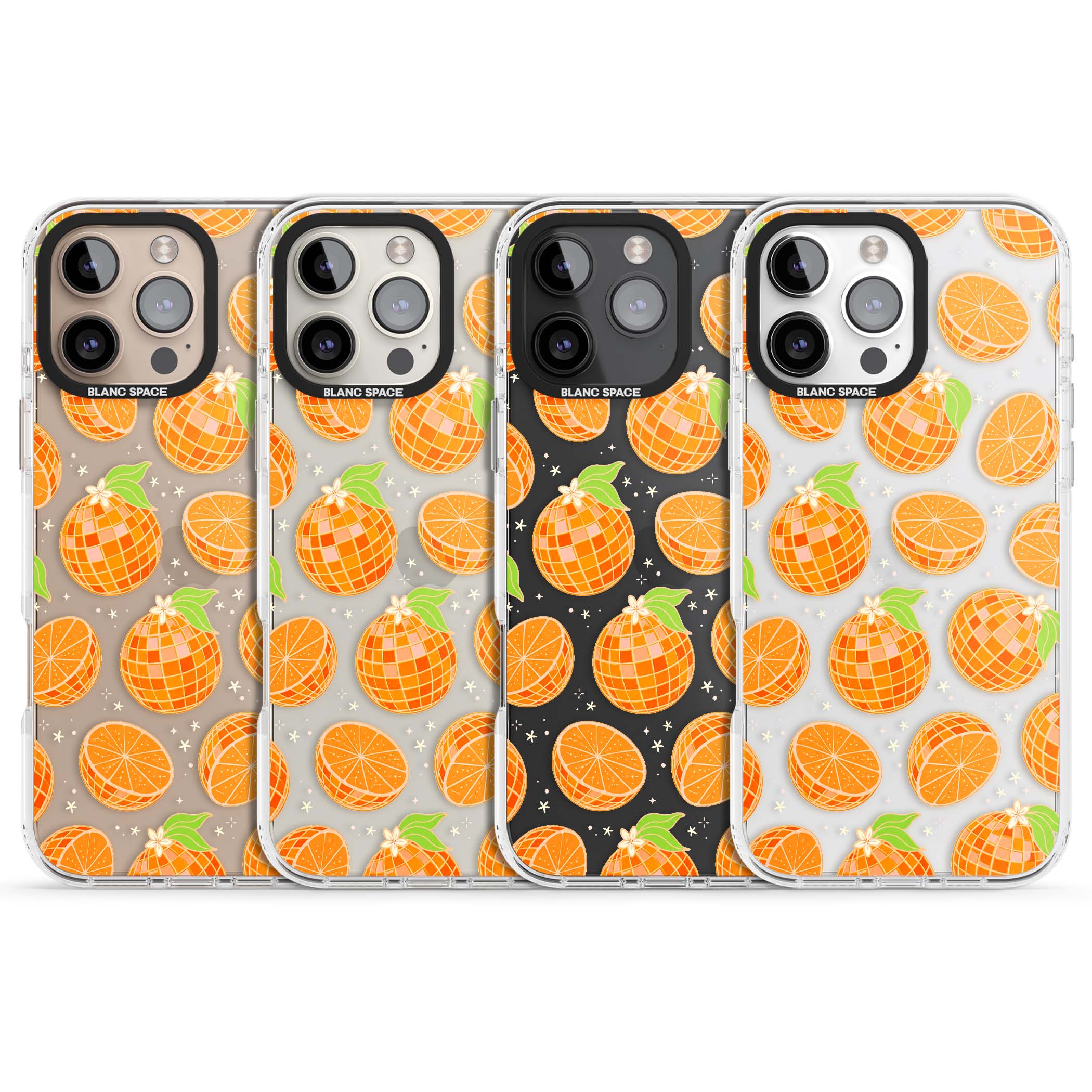Disco Oranges retro iPhone case featuring mirrorball oranges, citrus slices and tiny blossoms on clear | Clear Impact case for iPhone 16 Pro, iPhone 16 Pro Max