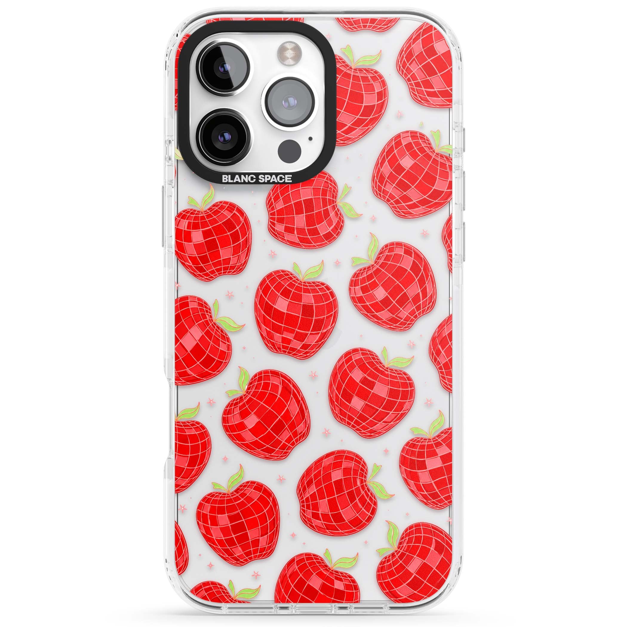 Disco Apples Y2K iPhone case featuring red disco ball apples, green leaves and pink sparkles on clear | Clear Impact case for iPhone 16 Pro, iPhone 16 Pro Max