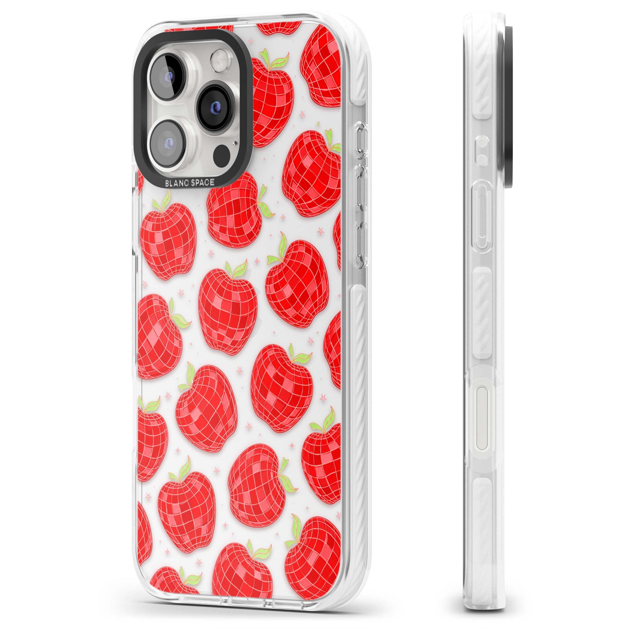 Disco Apples Y2K iPhone case featuring red disco ball apples, green leaves and pink sparkles on clear | Clear Impact case for iPhone 16 Pro, iPhone 16 Pro Max