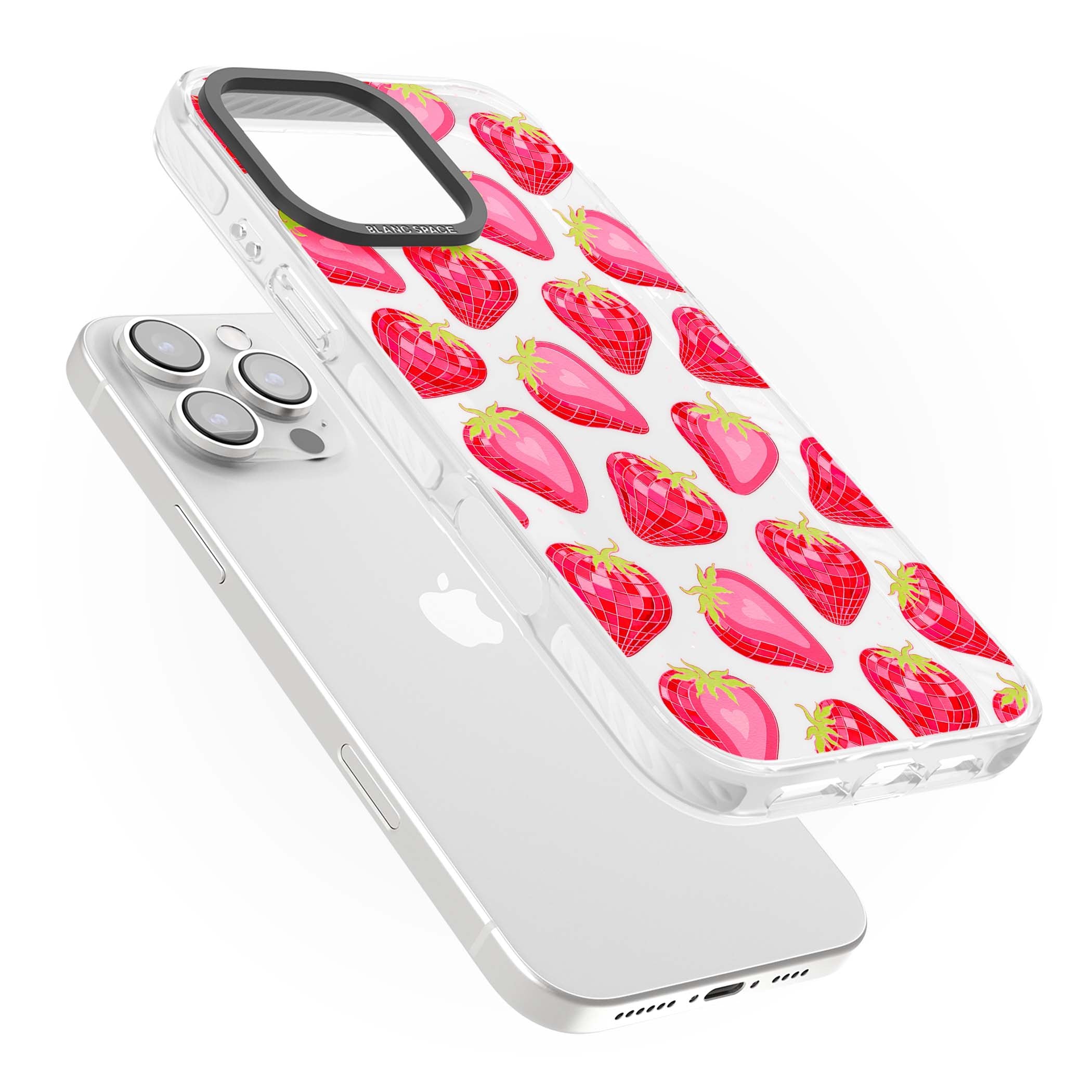 Disco Strawberry Y2K iPhone case featuring pink disco-ball strawberries, green leaves and tiny sparkles | Clear Impact case for iPhone 16 Pro, iPhone 16 Pro Max