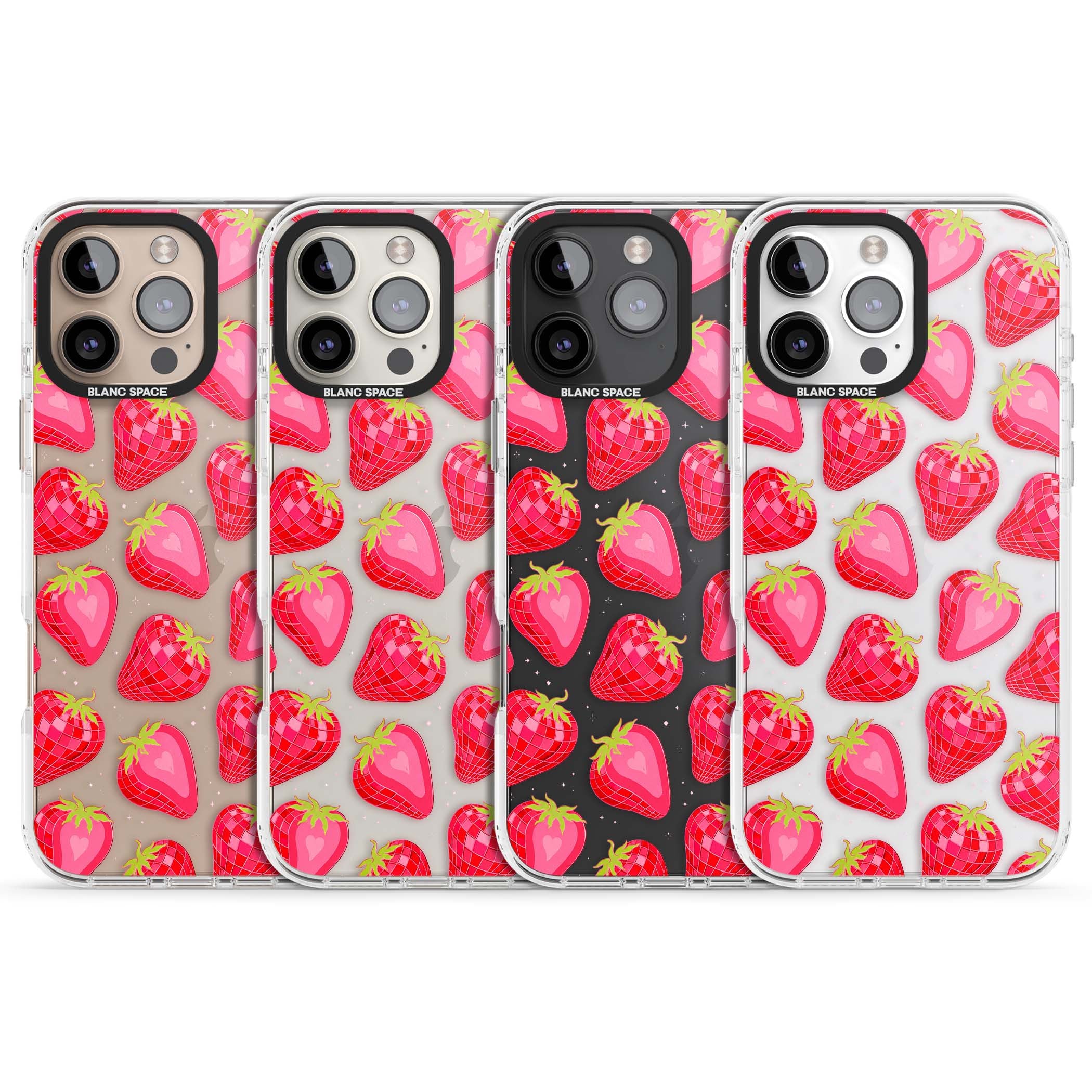 Disco Strawberry Y2K iPhone case featuring pink disco-ball strawberries, green leaves and tiny sparkles | Clear Impact case for iPhone 16 Pro, iPhone 16 Pro Max