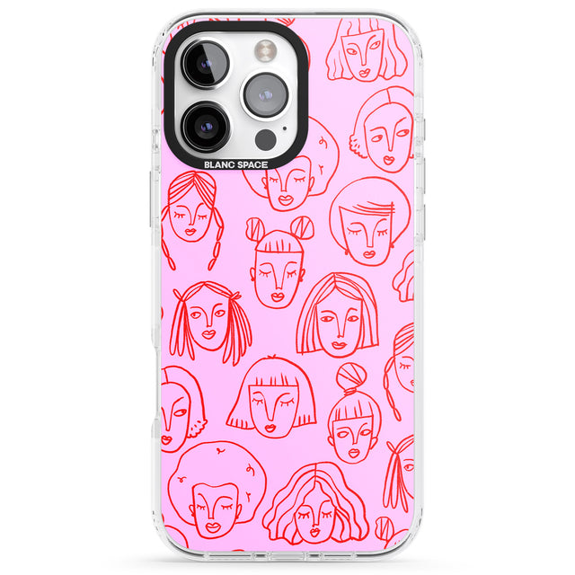 iPhone 16 Pro Max Girl Portrait Doodles in Pink & Red Black Impact Phone Case