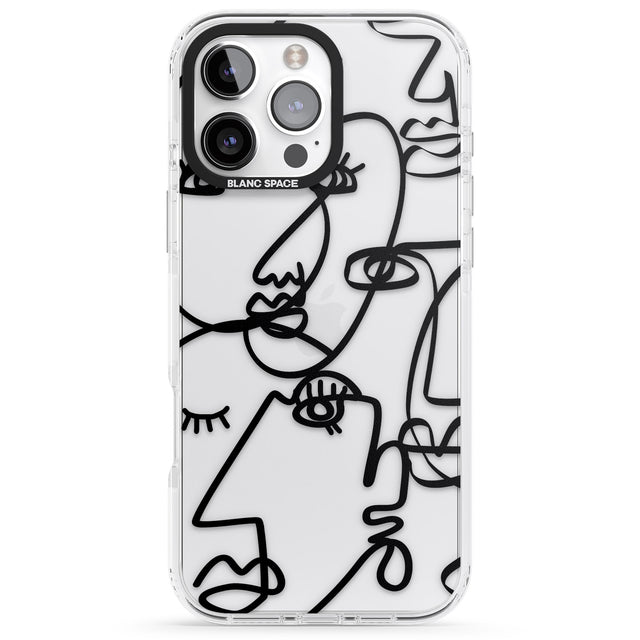 iPhone 16 Pro Max Abstract Continuous Line Faces Black on Clear Black Impact Phone Case