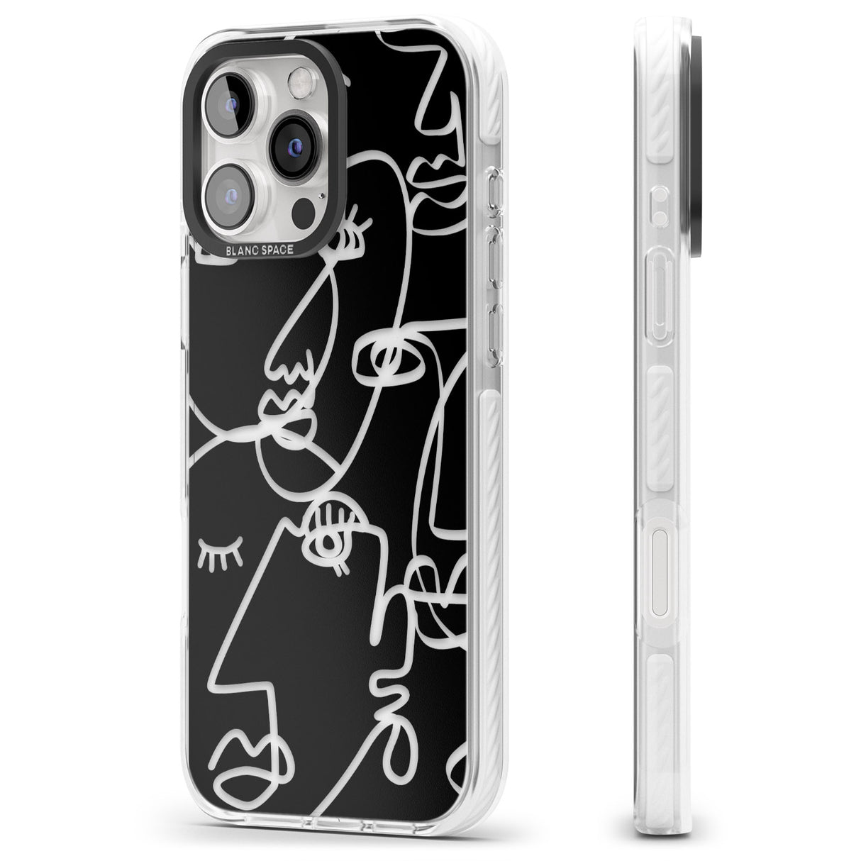 iPhone 16 Pro Max Abstract Continuous Line Faces Clear on Black Black Impact Phone Case