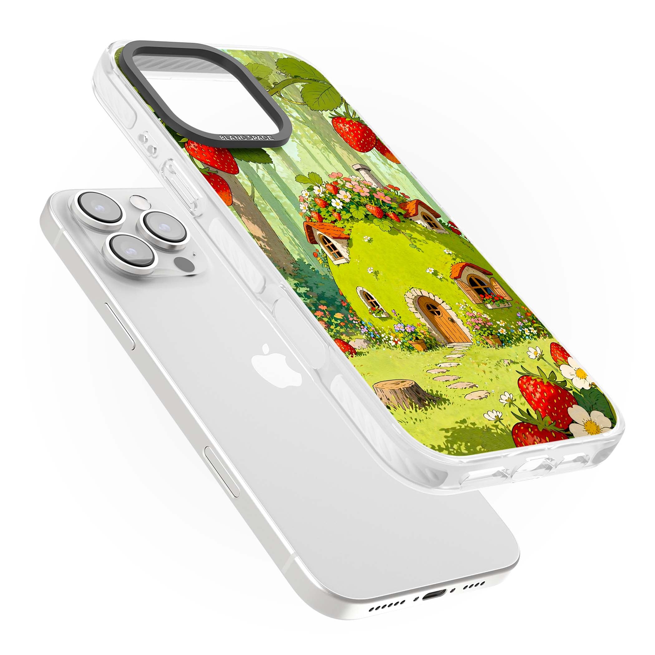 Strawberry Cottage cottagecore iPhone case featuring a green fairy house, wild strawberries and enchanted forest flowers | Clear Impact case for iPhone 16 Pro, iPhone 16 Pro Max