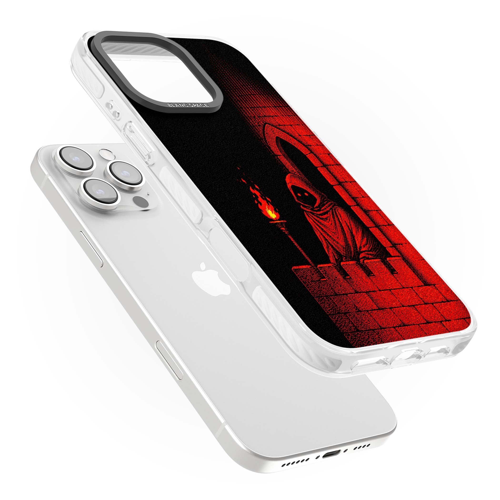 Crimson Crypt gothic iPhone case featuring a hooded reaper, torchlit crypt archway and red halftone horror art | Clear Impact case for iPhone 16 Pro, iPhone 16 Pro Max