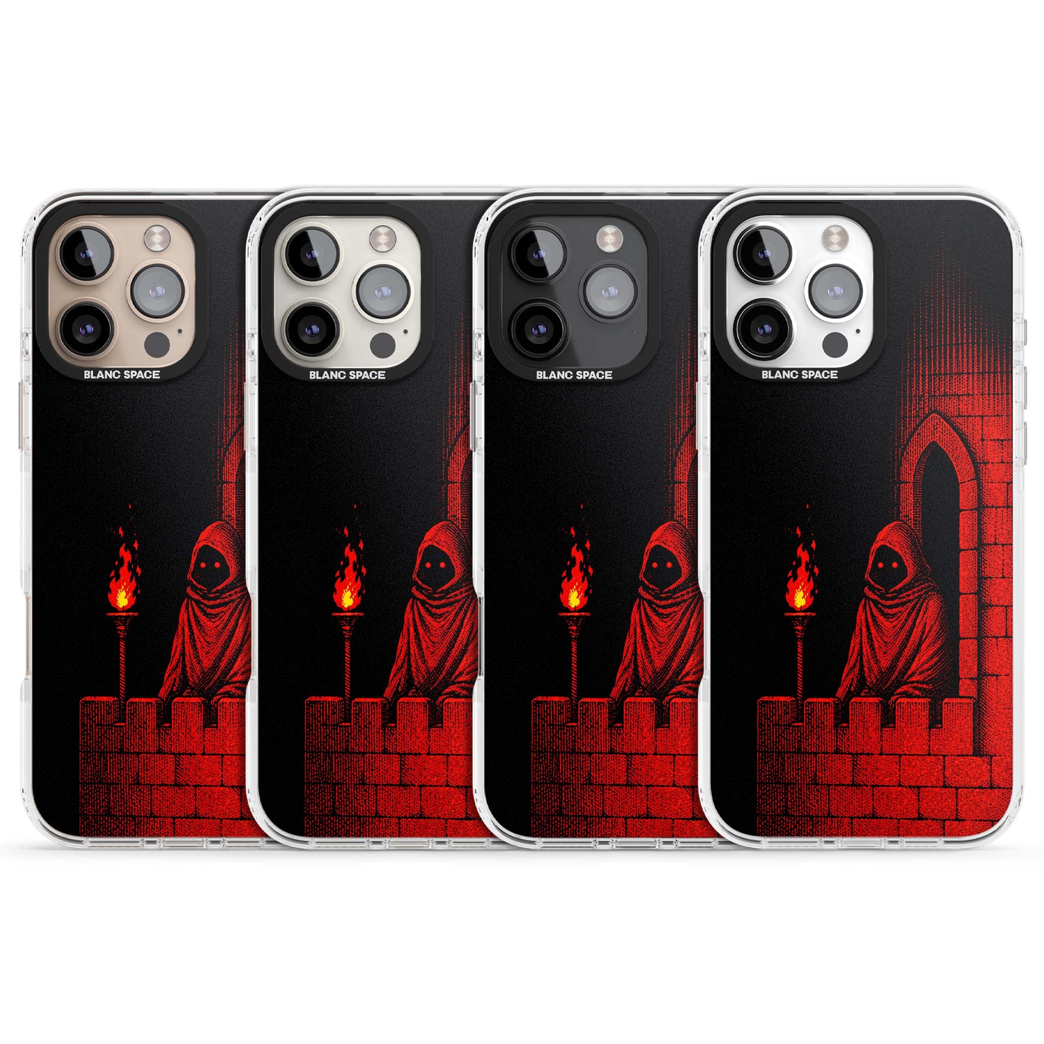 Crimson Crypt gothic iPhone case featuring a hooded reaper, torchlit crypt archway and red halftone horror art | Clear Impact case for iPhone 16 Pro, iPhone 16 Pro Max