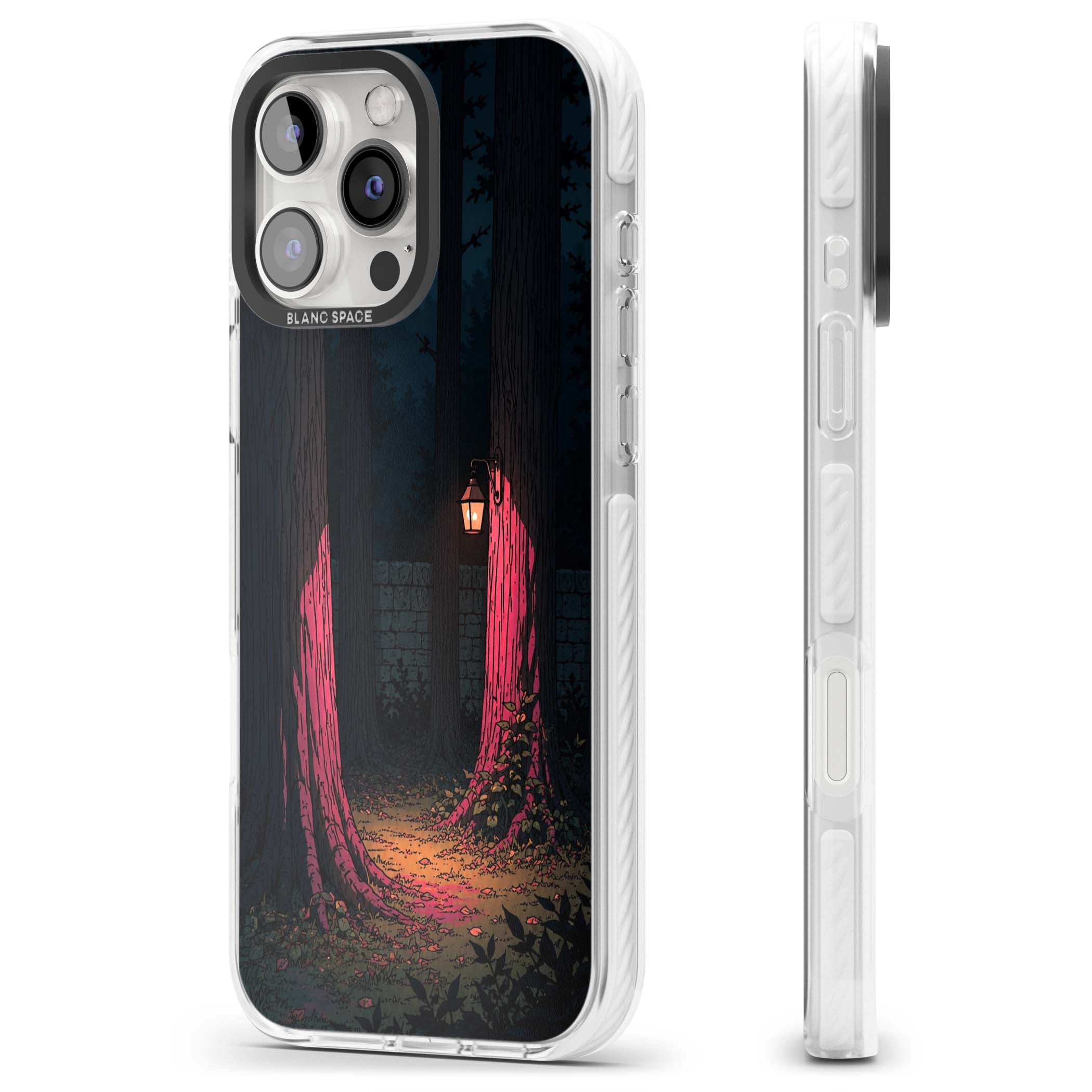 Forest Lantern dark academia iPhone case featuring a moonlit forest, glowing lantern, and stone wall pathway | Clear Impact case for iPhone 16 Pro, iPhone 16 Pro Max