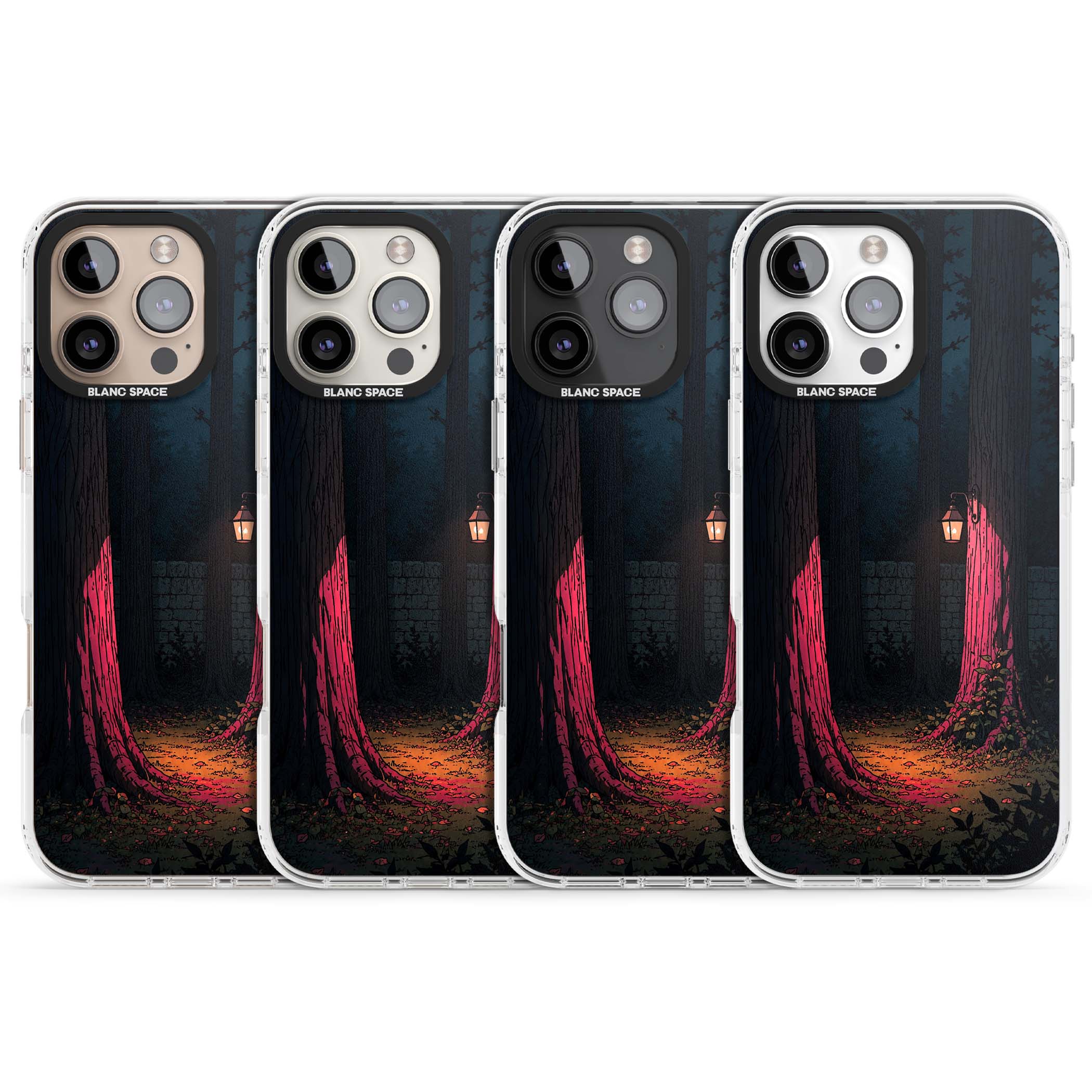 Forest Lantern dark academia iPhone case featuring a moonlit forest, glowing lantern, and stone wall pathway | Clear Impact case for iPhone 16 Pro, iPhone 16 Pro Max