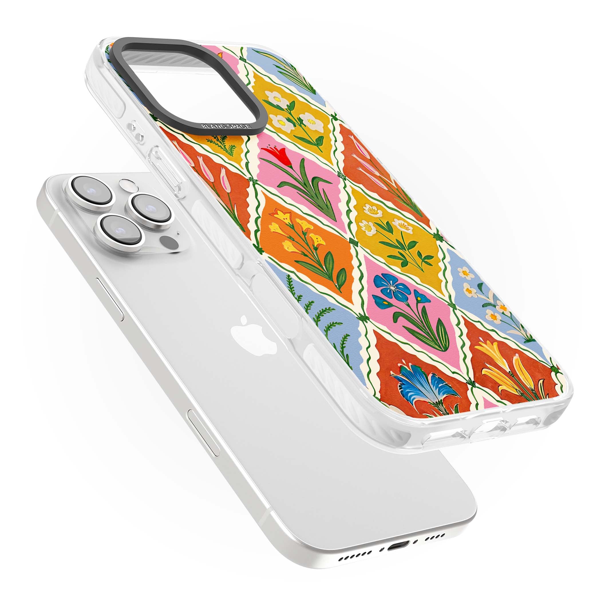 Floral Quilt boho floral iPhone case featuring diamond lattice pattern, hand-painted tulips and folk art wildflowers | Clear Impact case for iPhone 16 Pro, iPhone 16 Pro Max