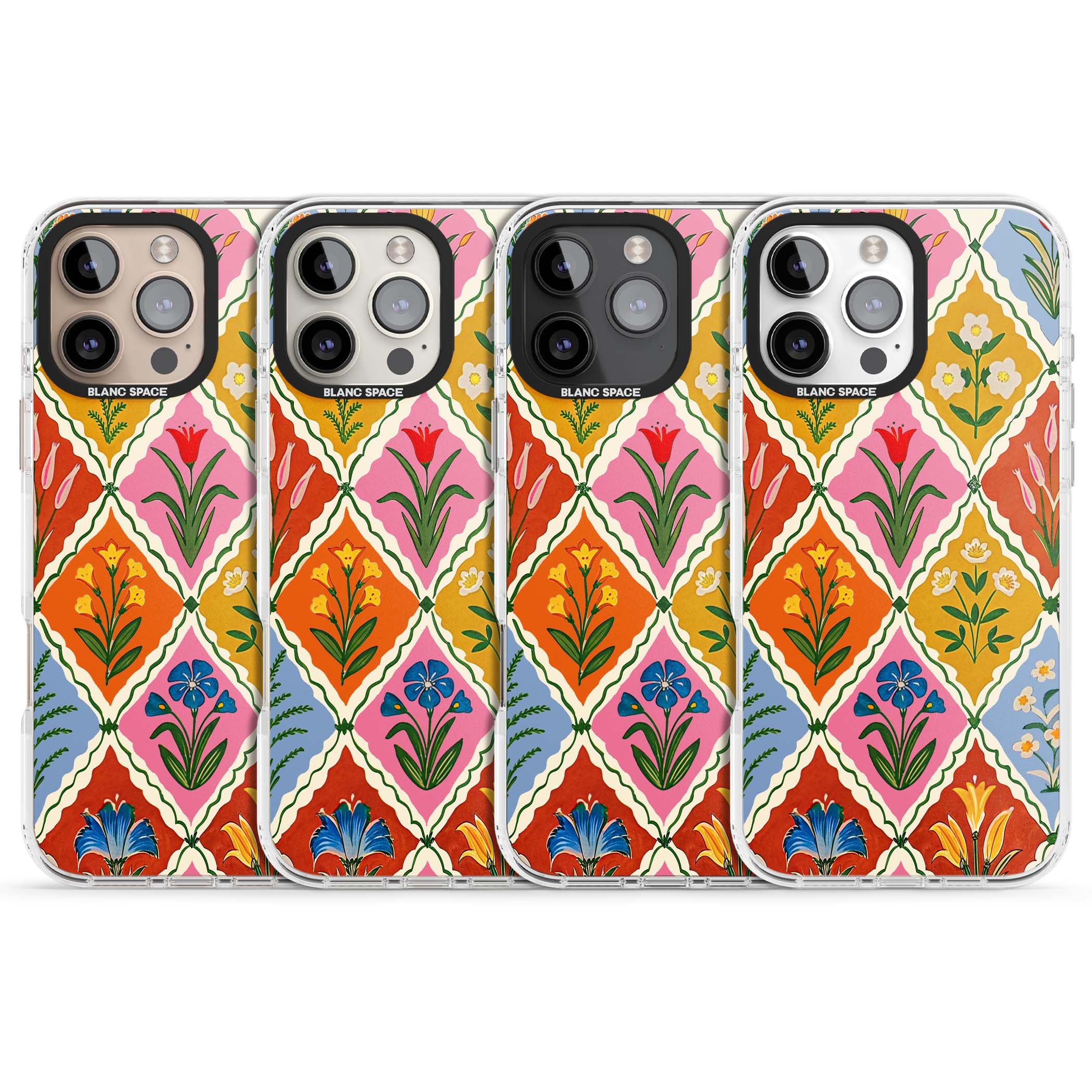 Floral Quilt boho floral iPhone case featuring diamond lattice pattern, hand-painted tulips and folk art wildflowers | Clear Impact case for iPhone 16 Pro, iPhone 16 Pro Max