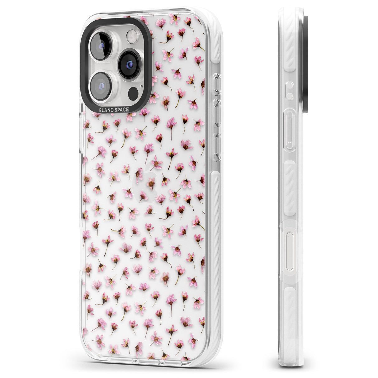 iPhone 16 Pro Max Small Pink Blossoms Transparent Design Black Impact Phone Case