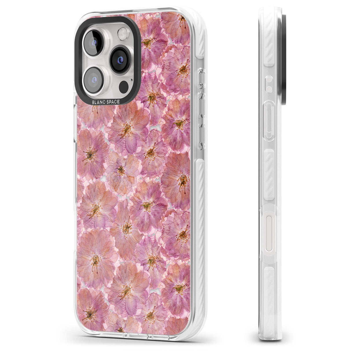 iPhone 16 Pro Max Large Pink Flowers Transparent Design Black Impact Phone Case