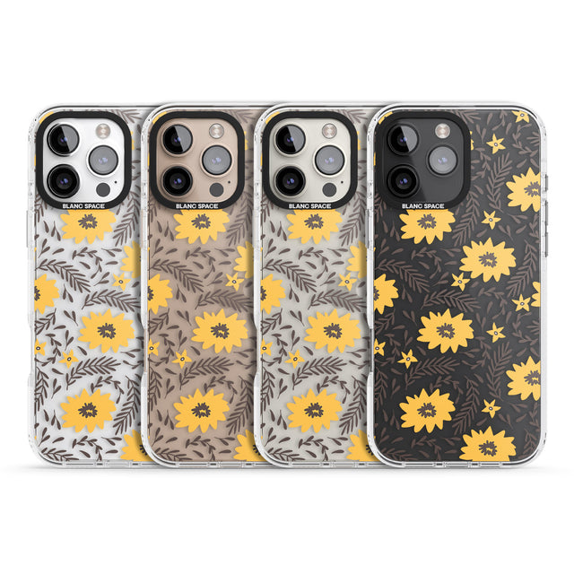 iPhone 16 Pro Max Yellow Blossoms Transparent Floral Black Impact Phone Case