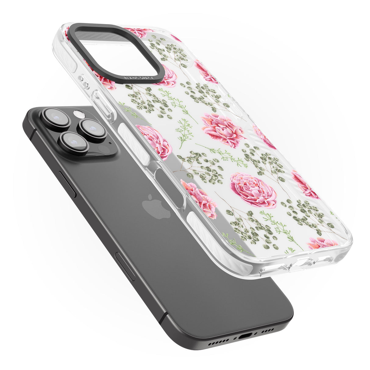 iPhone 16 Pro Max Roses & Eucalyptus Transparent Floral Black Impact Phone Case