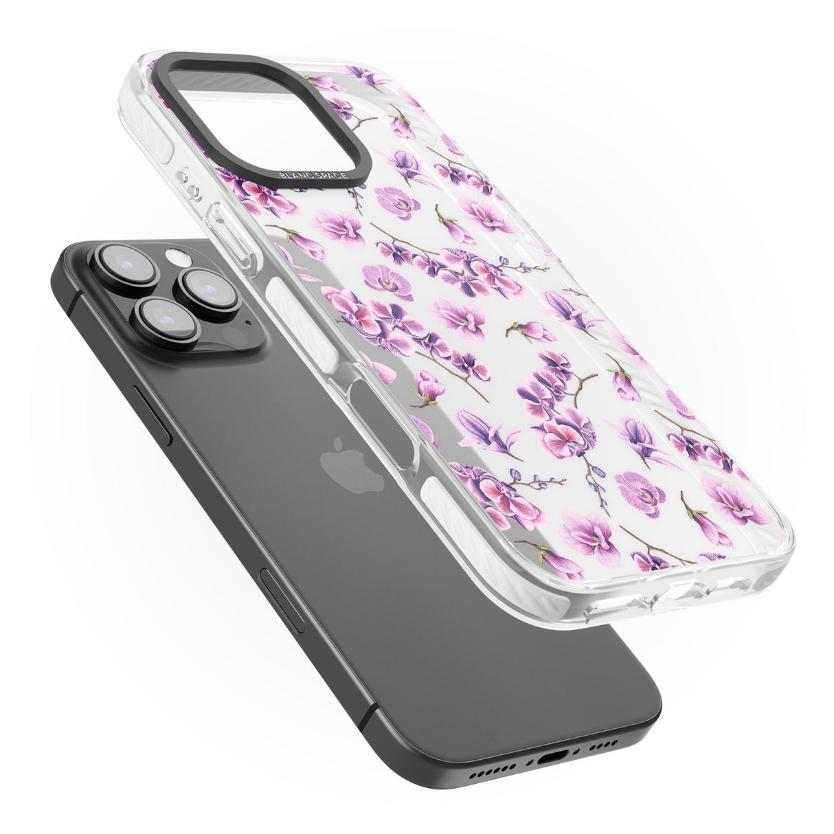 iPhone 16 Pro Max Purple Orchids Transparent Floral Black Impact Phone Case