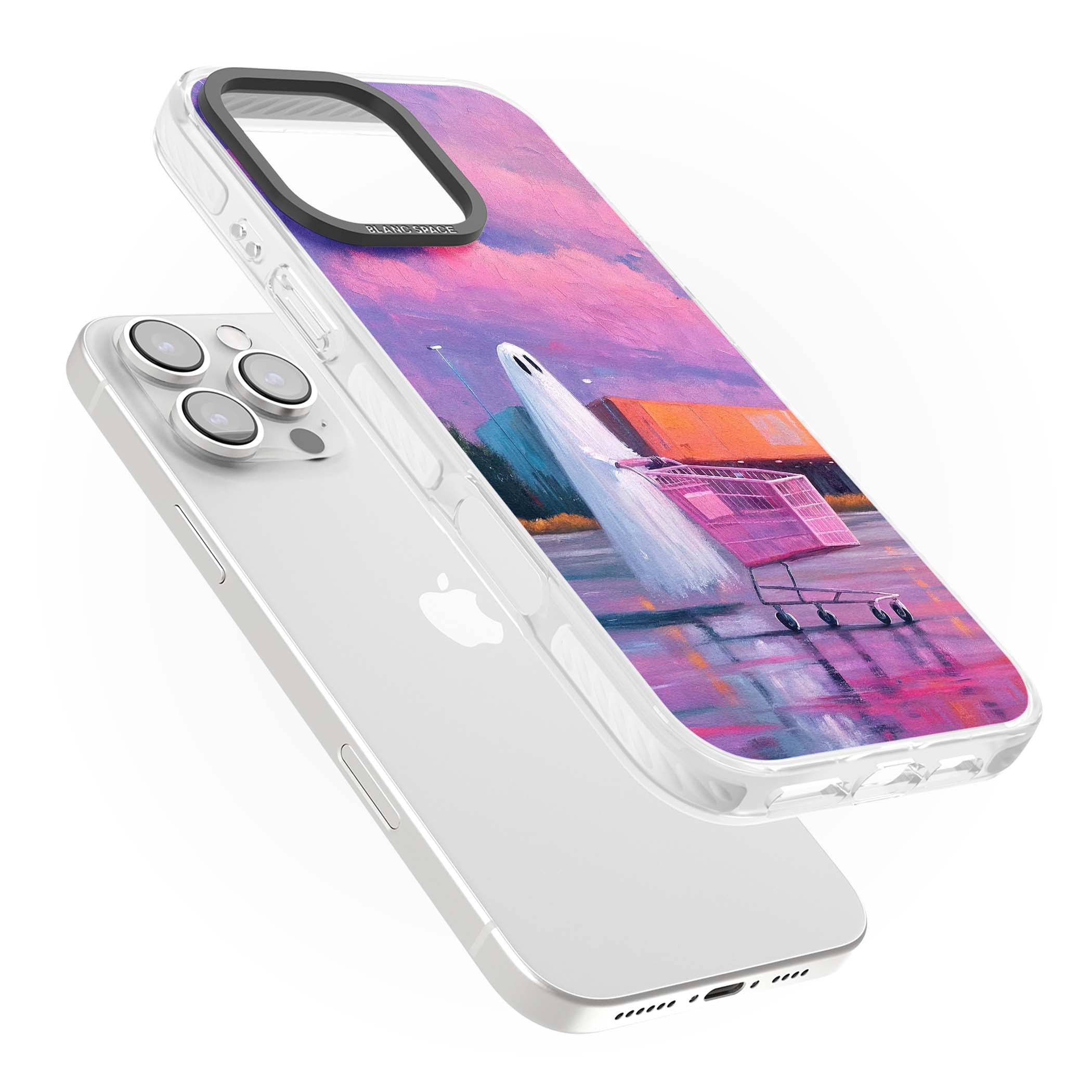 A Ghost's Errand ghost halloween iPhone case featuring a painted ghost, pink shopping trolley and purple sunset sky | Clear Impact case for iPhone 16 Pro, iPhone 16 Pro Max