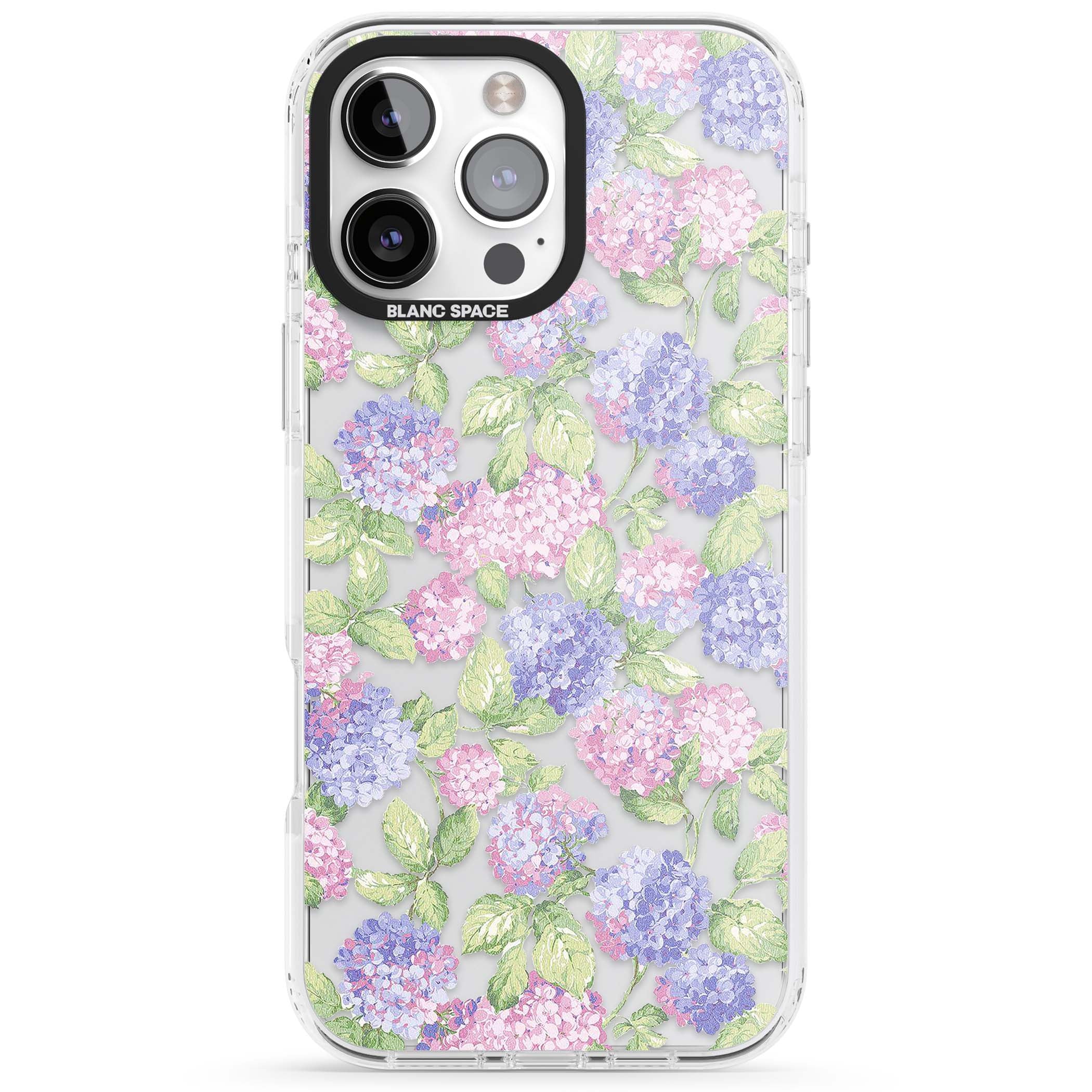 Cottage Hydrangea cottagecore iPhone case featuring pink and purple hydrangea blooms with green leaves on a clear background | Clear Impact case for iPhone 16 Pro, iPhone 16 Pro Max