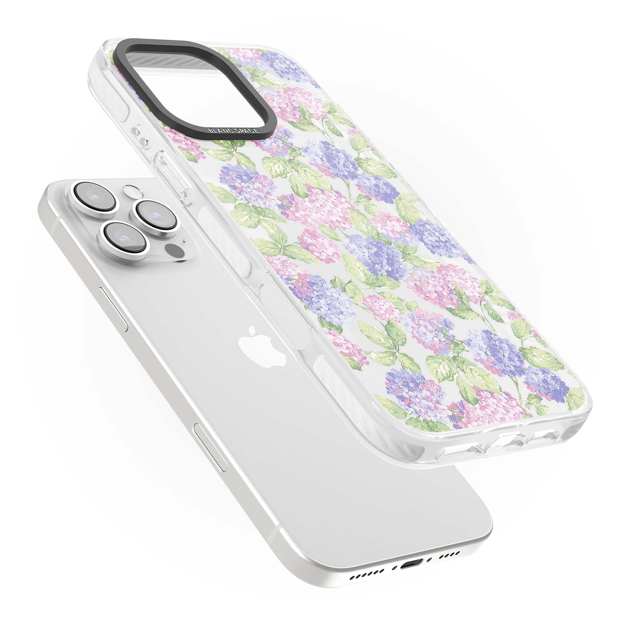 Cottage Hydrangea cottagecore iPhone case featuring pink and purple hydrangea blooms with green leaves on a clear background | Clear Impact case for iPhone 16 Pro, iPhone 16 Pro Max