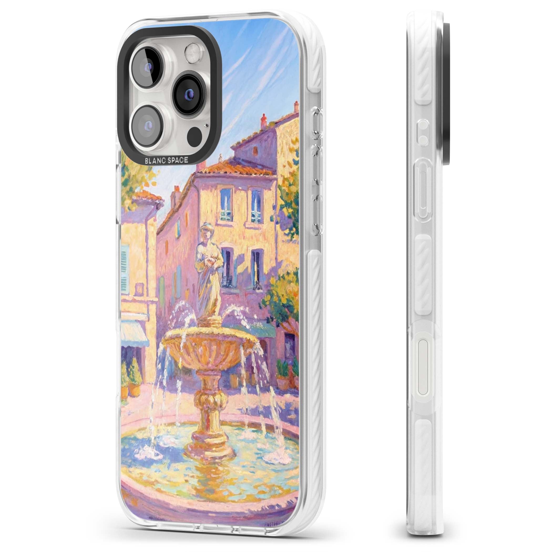 Fountain Square fine art iPhone case featuring an impressionist Provençal fountain, pastel village buildings and summe | Clear Impact case for iPhone 16 Pro, iPhone 16 Pro Max