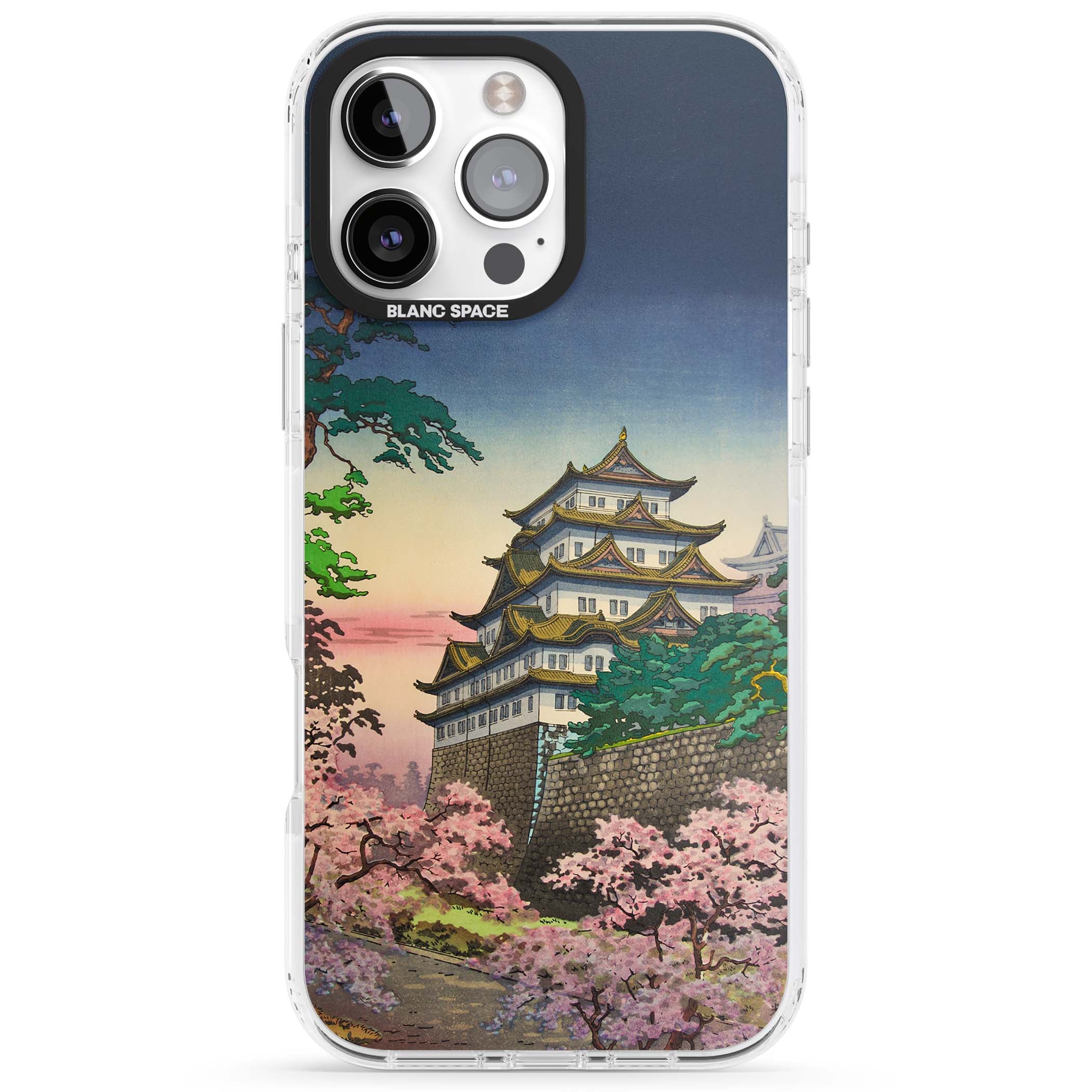 Nagoya Castle Japanese iPhone case featuring a vintage pagoda, twilight sky and cherry blossom trees | Clear Impact case for iPhone 16 Pro, iPhone 16 Pro Max