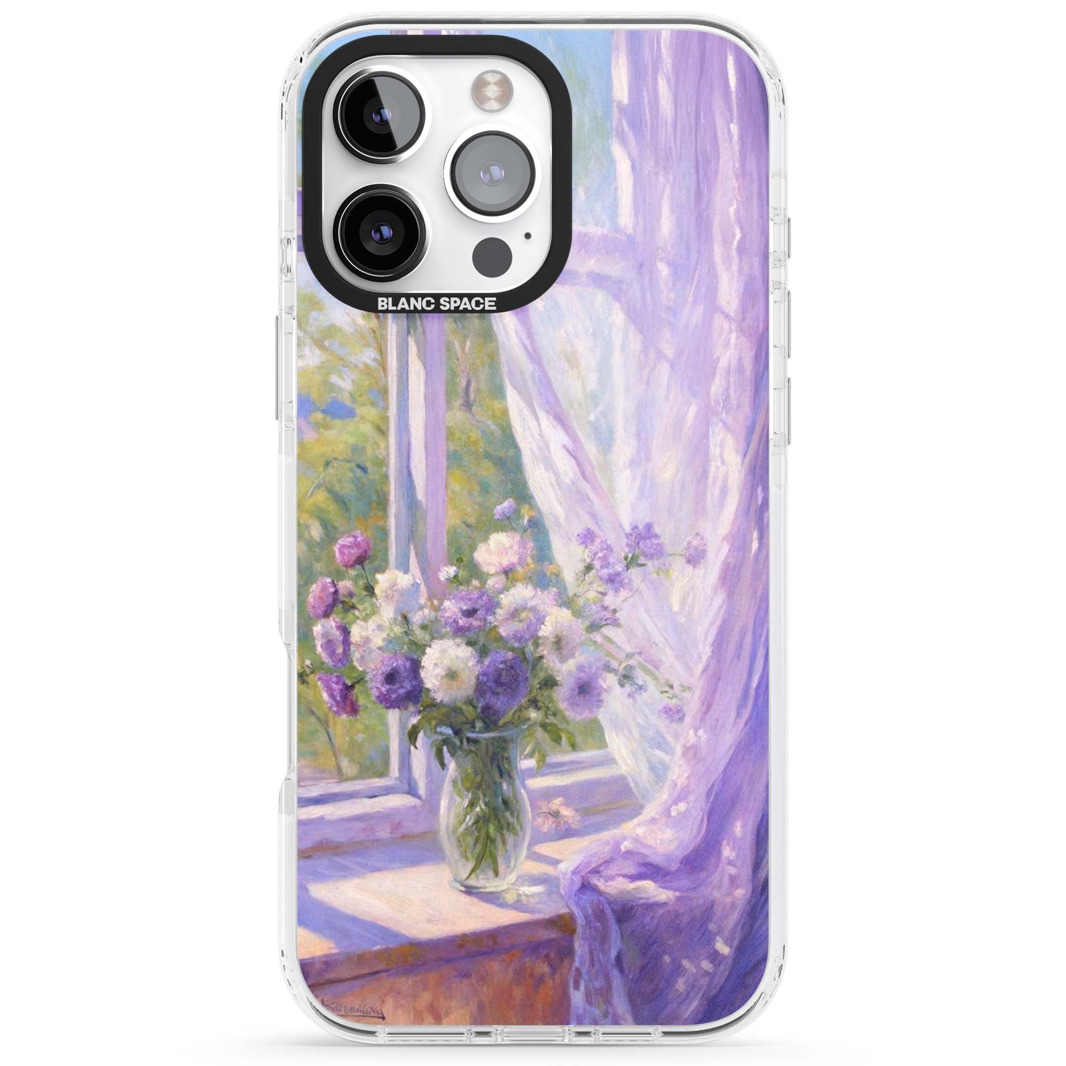 A Provence Morning impressionist art iPhone case featuring a vase of purple flowers, sunlit window and sheer curt | Clear Impact case for iPhone 16 Pro, iPhone 16 Pro Max