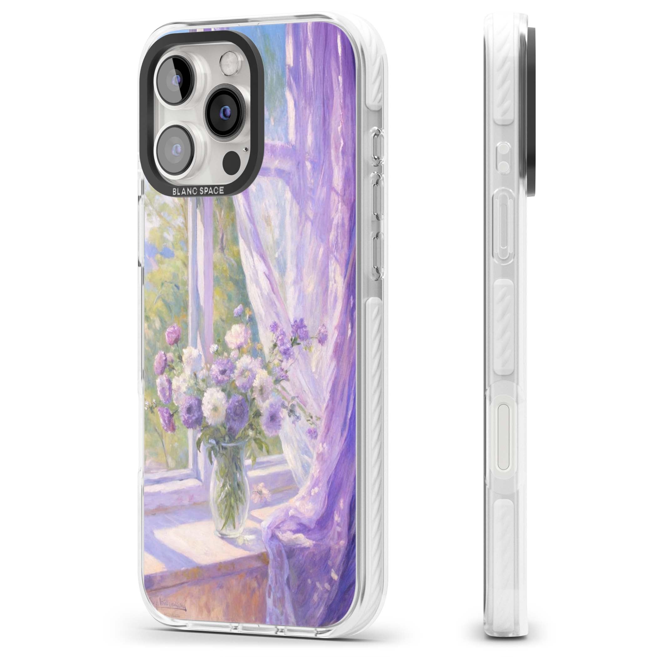 A Provence Morning impressionist art iPhone case featuring a vase of purple flowers, sunlit window and sheer curt | Clear Impact case for iPhone 16 Pro, iPhone 16 Pro Max