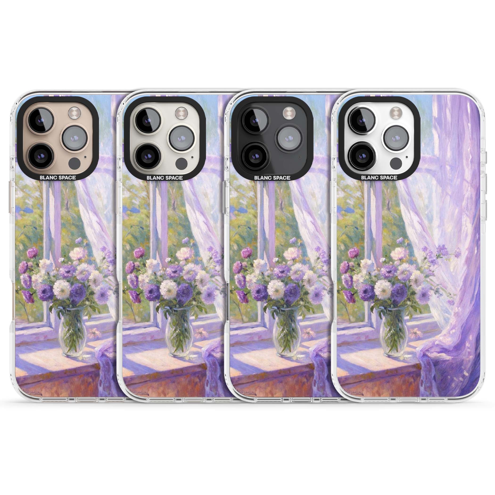 A Provence Morning impressionist art iPhone case featuring a vase of purple flowers, sunlit window and sheer curt | Clear Impact case for iPhone 16 Pro, iPhone 16 Pro Max