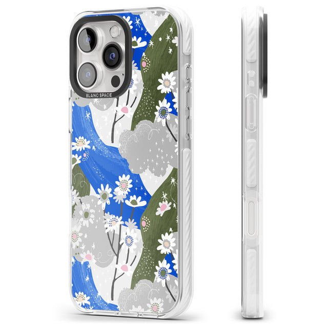 iPhone 16 Pro Max Blue & Grey Daisies Pattern Black Impact Phone Case