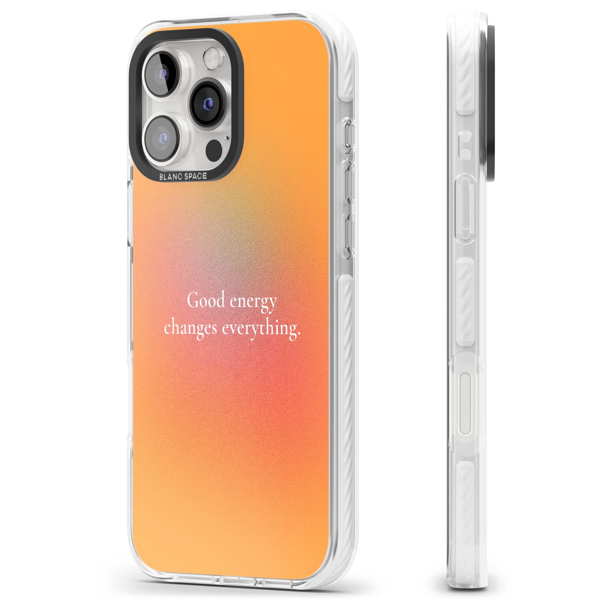 Good Energy quote iPhone case featuring an orange and pink aura gradient with white serif affirmation text | Impact Magsafe case for iPhone 16 Pro, iPhone 16 Pro Max