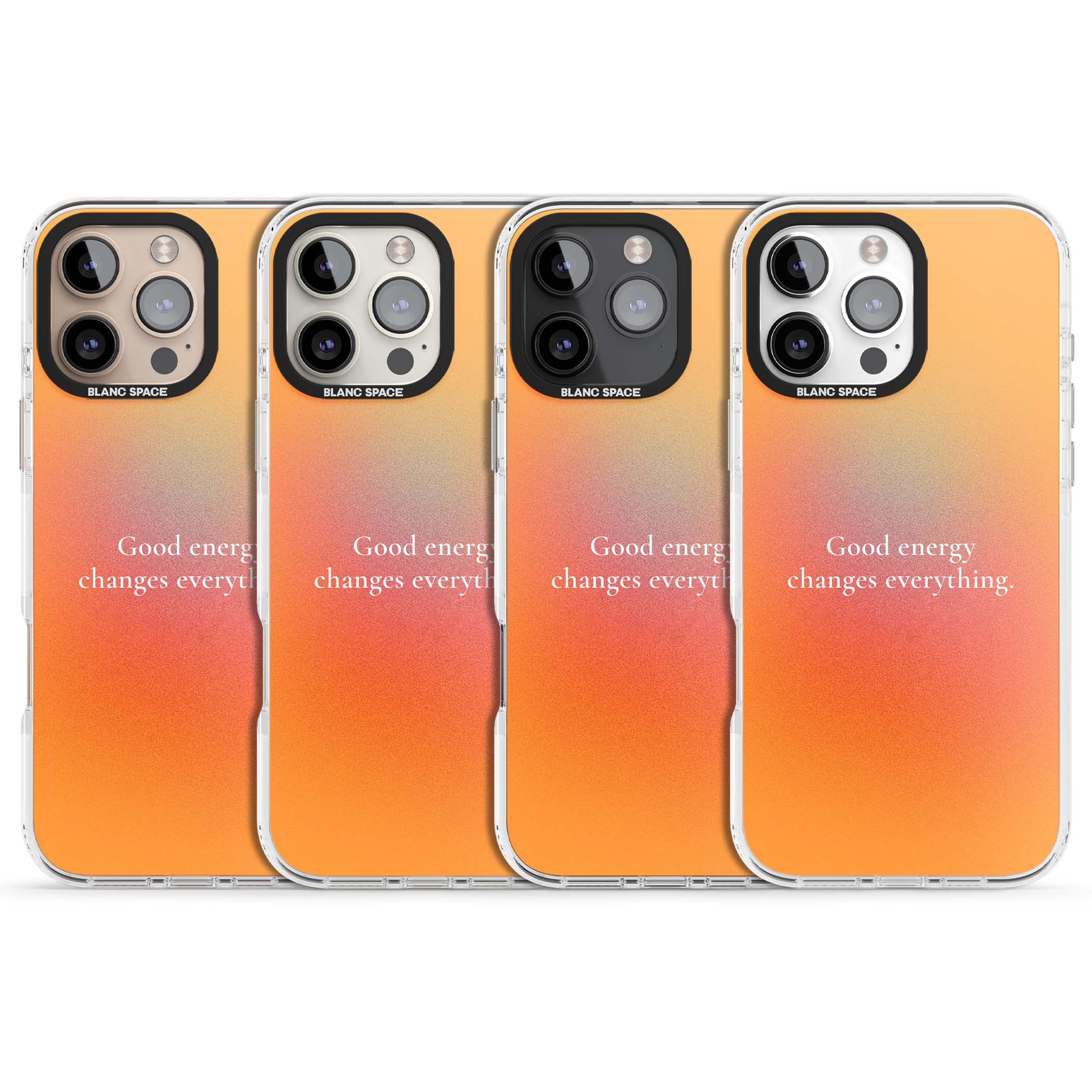 Good Energy quote iPhone case featuring an orange and pink aura gradient with white serif affirmation text | Impact Magsafe case for iPhone 16 Pro, iPhone 16 Pro Max
